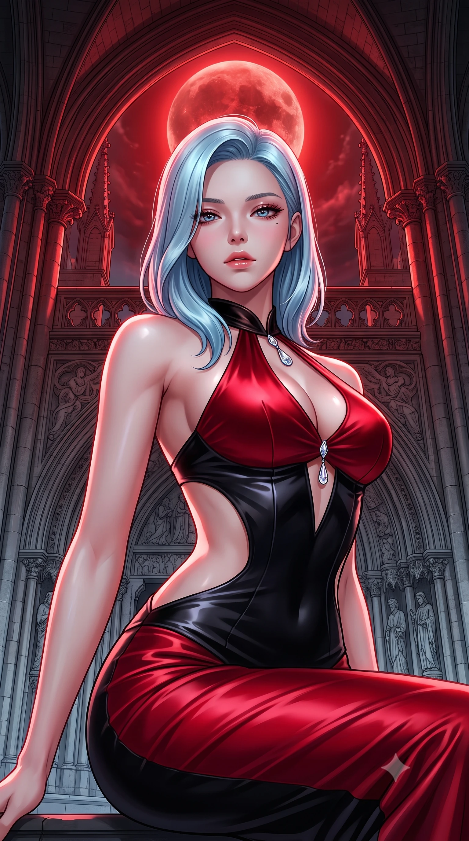 score_9, masterpiece, best quality, ultra-detailed, high-budget anime keyframe, semi-realistic 3D game render, editorial fashion photography, tasteful artistic composition, Korean woman. close-up cowboy shot from the waist and thighs up, the character dominates the composition, filling the frame with her large presence. leaning back with relaxed seductive grace, her sculpted collarbones highlighted by light, casting smoldering bedroom-eyes directly into the lens while pivoting dynamically beneath colossal gothic cathedral arches as a total lunar eclipse casts blood-crimson shadows. The surrounding environment is rendered in vivid detail and crisp panoramic clarity. monumental high-contrast gothic chiaroscuro and sacred nocturnal architecture in sharp clarity. She has an exceptionally elegant, slender, and willowy female figure with an ultra-slim waist, a gracefully sculpted slender torso, toned flat midriff, and a refined slim silhouette. sharp v-shaped jawline, high-bridge nose, intricate jewel-like eyes with depth, thick eyelashes, glossy parted lips with a natural sheen, intensely captivating and seductive expression, flawlessly proportioned anatomical accuracy, strict slender model proportions, natural body alignment, perfectly sculpted long slender limbs, ultra-slim waistline, clean dynamic posture without body distortion. wearing a sculptured liquid-satin mermaid gown with an architectural open-waist cutout and bare spine in dramatic crimson and polished obsidian, tailored from liquid silk jersey adhering flawlessly to her slender build, accented with delicate crystal teardrop pendants at the neckline, the glove-like aerodynamic second-skin fit tightly clinging to her ultra-slender waist and feminine curves without adding bulk. bathed in surreal blood-red lunar eclipse backlighting and cool silver ambient fill. highly saturated vibrant anime colors, detailed shading with soft gradients, rich glossy textures, high-contrast stereoscopic depth, volumetric dynamic lighting, master piece, 9:16 ratio