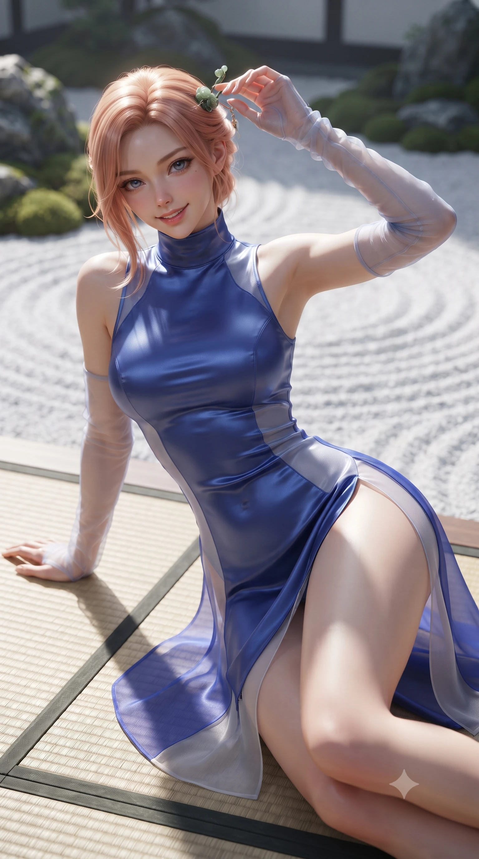 score_9, masterpiece, best quality, ultra-detailed, high-budget anime keyframe, editorial fashion photography, tasteful artistic composition, Japanese woman. close-up cowboy shot from the waist and thighs up, the character dominates the composition, filling the frame with her large presence. tilting her head with an alluring smile while arching her spine with dancer poise, one hand touching her ornate jade hairpin in a flirtatious S-curve while lounging languidly across a tatami mat propped on one elbow, her flat midriff and long slender limbs glowing in pure white moonlight. The background shows a soft-focus carefully raked white gravel wave patterns and moss-covered rock arrangements blurred into silver white, moss green, and slate bokeh. She has an exceptionally elegant, slender, and willowy female figure with an ultra-slim waist, flat toned midriff, narrow ribcage, and sculpted feminine hips creating an alluring, slim hourglass silhouette without bulk. sharp v-shaped jawline, high-bridge nose, intricate jewel-like dark sparkling almond eyes with depth, thick lashes, glossy parted lips with a natural rose-plum sheen, bright alluring and coquettish smile with bedroom-eyes, exuding both timeless oriental elegance and sovereign high-fashion allure, flawlessly proportioned anatomical accuracy, strict slender model proportions, natural body alignment, perfectly sculpted long slender limbs, ultra-slim waistline, clean dynamic posture without body distortion. wearing a form-contouring sleeveless turtleneck mini dress in liquid silk satin with subtle side hip ties and high slits in royal cobalt blue and starlight platinum, tailored from sheer gossamer silk organza with an airy weightless flutter, complemented by delicate sheer silk fingerless gloves reaching past her elbows, the precision-cut side hip slits and low-back scoop framing her graceful spine and the sensual sweep of her slim, toned hips. illuminated by white gravel bounce fill and sharp crystalline platinum rim lighting sculpting her razor-sharp jawline, narrow waist, and curvy hips. ultra-reflective glossy finish, specular highlights, rich textural contrasts, high-contrast stereoscopic depth, volumetric dynamic lighting, 2k, ultra detail, master piece, 9:16 ratio
