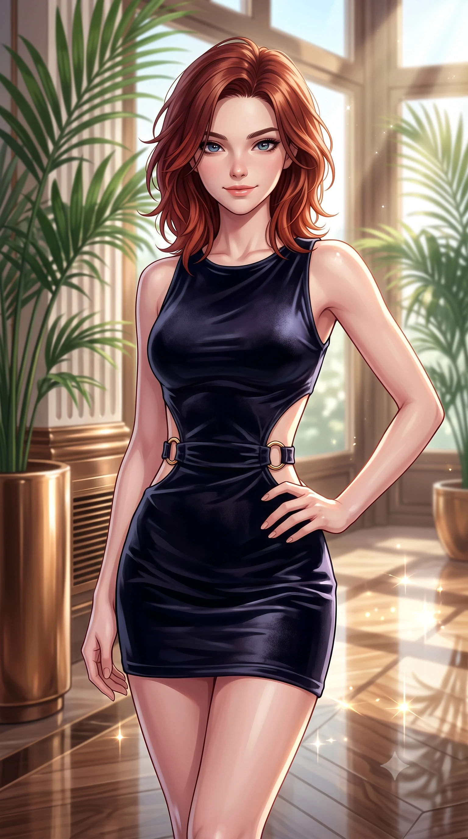 score_9, masterpiece, best quality, ultra-detailed, high-budget anime keyframe, editorial fashion photography, tasteful artistic composition, Korean woman woman. close-up cowboy shot from the waist and thighs up, the character dominates the composition, filling the frame with her large presence, background elements kept in soft focus. She has an exceptionally elegant, slender, and willowy female figure with an ultra-slim waist, a gracefully sculpted slender torso, and a refined silhouette. smiling with quiet, magnetic self-assurance directly into the camera lens, flawlessly proportioned anatomical accuracy, natural body alignment, perfectly sculpted elegant limbs, clean dynamic posture without body distortion. set against a soft-focus background of a luxury sunroom filled with potted palms and bronze vents. wearing a slitted cutout bodycon mini dress in dark velvet with gold ring hardware framing her waist. bathed in bright morning sunbeams creating sparkling glints on polished floors. highly saturated vibrant anime colors, detailed shading with soft gradients, rich glossy textures, high-contrast stereoscopic depth, volumetric dynamic lighting, master piece, 9:16 ratio