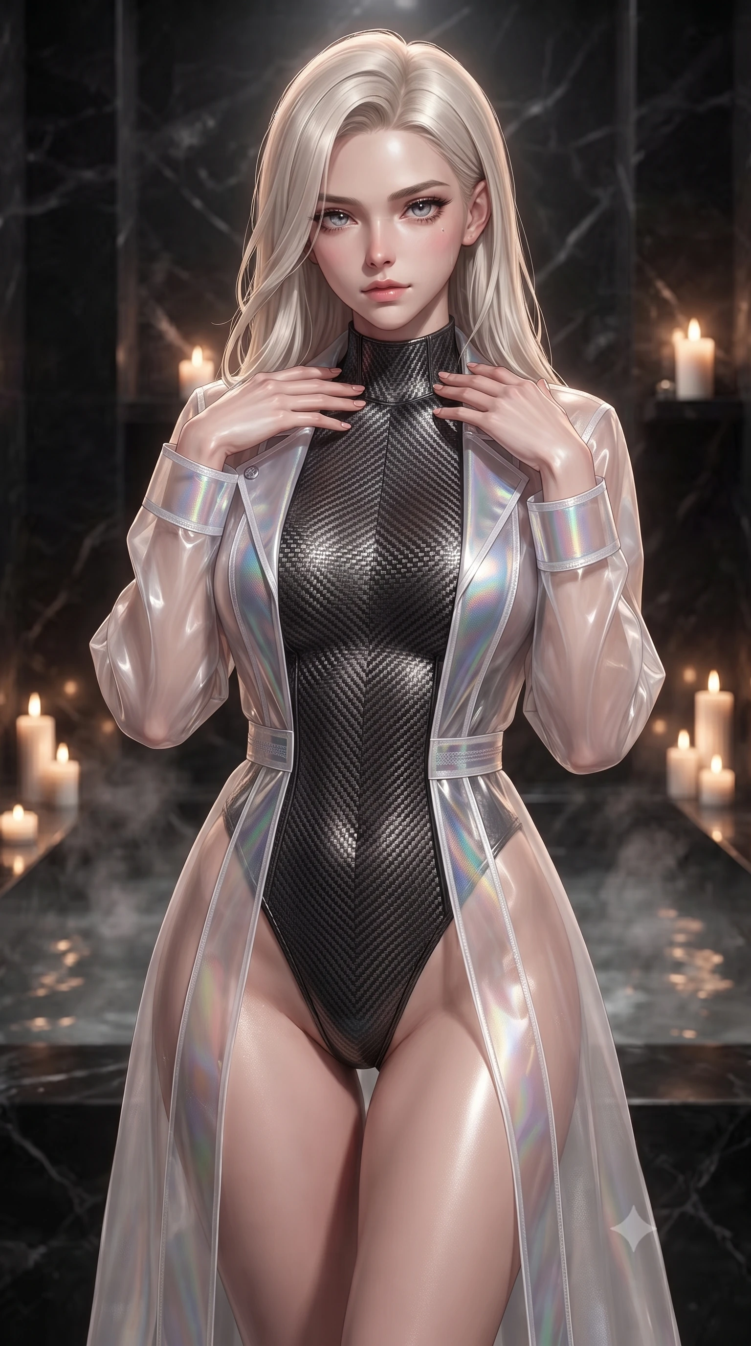 score_9, masterpiece, best quality, ultra-detailed, high-budget anime keyframe, editorial fashion photography, tasteful artistic composition, Caucasian woman. close-up cowboy shot from the waist and thighs up, the character dominates the composition, filling the frame with her large presence, background elements kept in soft focus. standing in a relaxed, elegant posture with both hands resting lightly on her collarbone, looking at the viewer with bedroom-eyes, the background shows a soft-focus obsidian stone bath chambers filled with steaming mineral hot water. She has an exceptionally elegant, slender, and willowy female figure with an ultra-slim waist, a gracefully sculpted slender torso, and a refined silhouette. sharp v-shaped jawline, high-bridge nose, intricate jewel-like eyes with depth, thick eyelashes, glossy lips with a natural sheen. wearing a tailored sheer white holographic organza combat gown worn over a high-cut carbon-fiber leotard. warm flickering candle lights casting dramatic shadows on black stone walls. ultra-reflective glossy finish, specular highlights, metallic sheen, high-contrast stereoscopic depth, volumetric dynamic lighting, 2k, ultra detail, master piece, 9:16 ratio