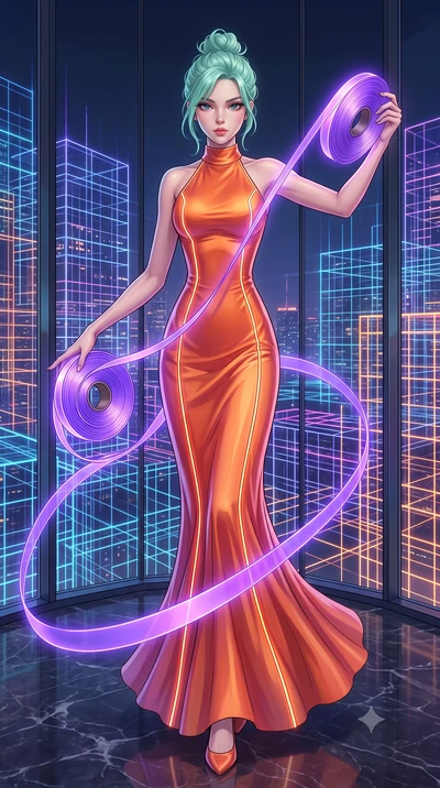 score_9, masterpiece, best quality, ultra-detailed, High-budget Anime Keyframe, East Asian woman. Dynamic full-body shot stretching the vertical silhouette to the limit. Scenario 540: unravelling a spool of glowing violet ribbon in a luxury penthouse