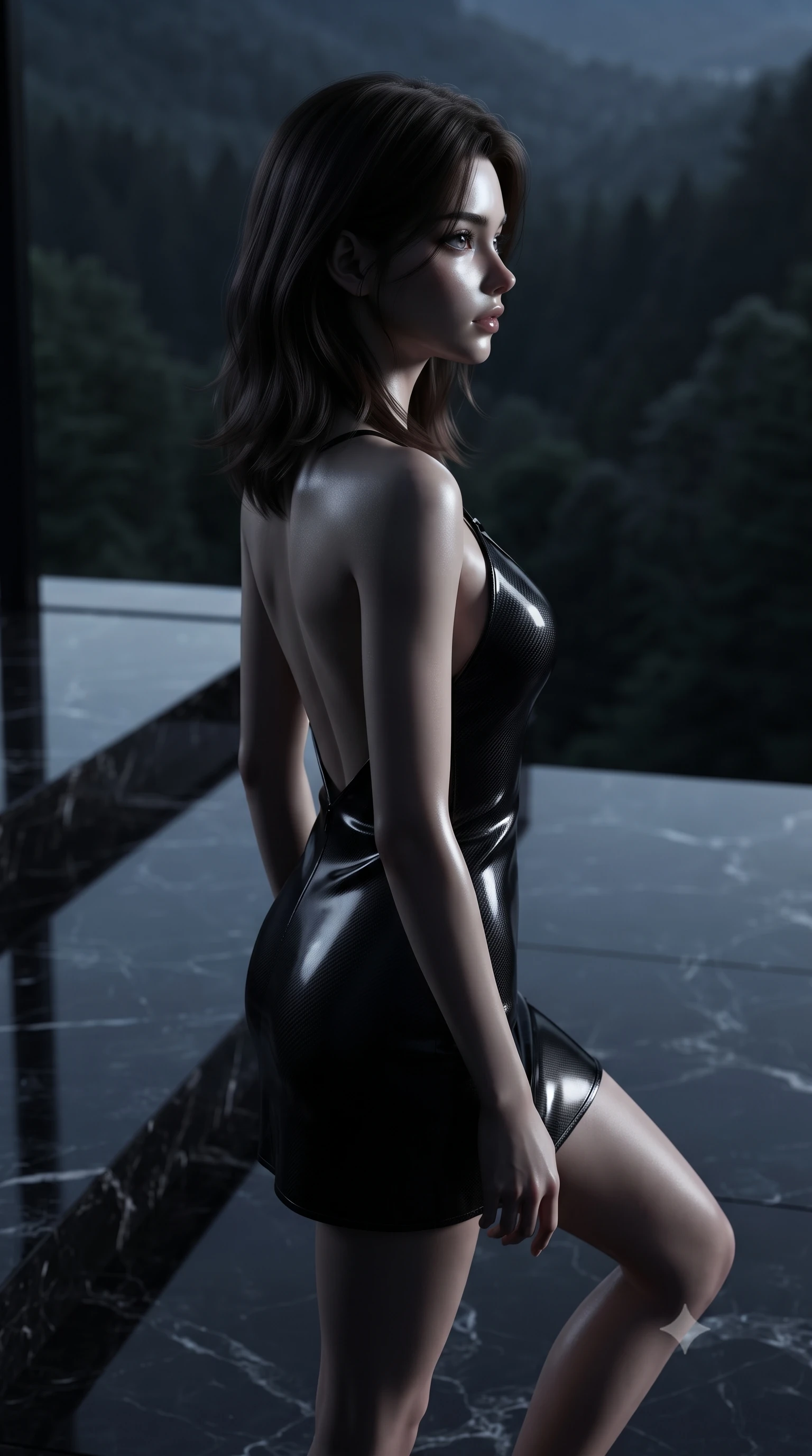 score_9, masterpiece, best quality, ultra-detailed, high-budget anime keyframe, editorial fashion photography, tasteful artistic composition, Korean woman. close-up cowboy shot from the waist and thighs up, the character dominates the composition, filling the frame with her large presence, background elements kept in soft focus. Turning her face in sharp dramatic profile against the moody key light, ascending a dark marble terrace overlooking a pitch-black forested valley, dark polished marble floor reflecting her silhouette like black glass. She has an exceptionally elegant, slender, and willowy female figure with an ultra-slim waist, a gracefully sculpted slender torso, and a refined silhouette. sharp v-shaped jawline, high-bridge nose, intricate jewel-like eyes with depth, thick eyelashes, glossy lips with a natural sheen. wearing backless liquid vinyl mini slip dress with bare shoulder neckline in pitch-black onyx, made of matte carbon-fiber weave, adorned with minimalist black onyx hardware framing the silhouette, sculpting her athletic slender build with refined precision. illuminated by brilliant cold silver moonlight and deep obsidian shadows. ultra-reflective glossy finish, specular highlights, metallic sheen, high-contrast stereoscopic depth, volumetric dynamic lighting, 2k, ultra detail, master piece, 9:16 ratio