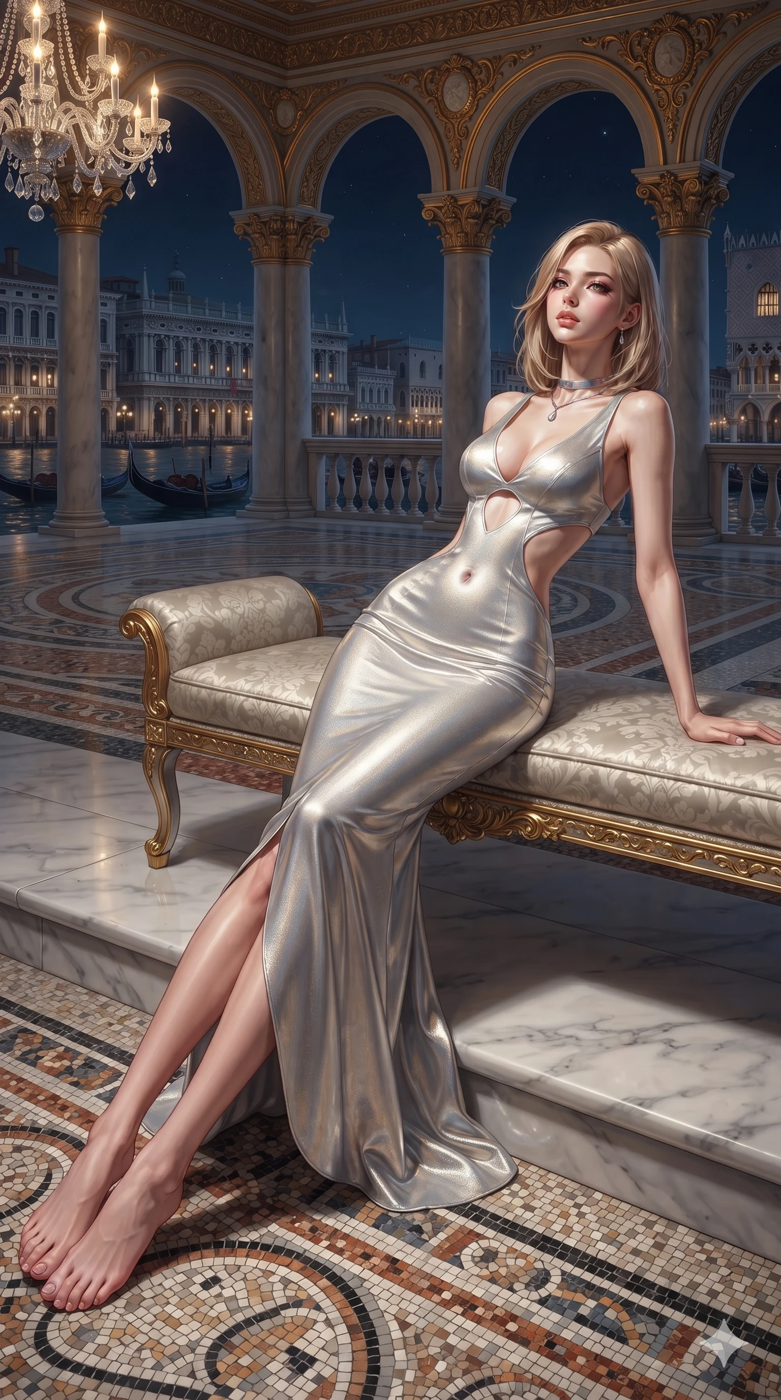 score_9, masterpiece, best quality, ultra-detailed, high-budget anime keyframe, editorial fashion photography, tasteful artistic composition, Korean woman. low angle full-body shot from head to toe showing her feet, filling the entire 9:16 vertical frame with her statuesque presence, stretching her vertical silhouette. sitting poised on the Carrara marble steps with one knee bent, arching her spine with supermodel elegance as she glances upward through thick eyelashes while reclining gracefully across the damask-cushioned loggia bench propped on one elbow with legs extended, displaying her statuesque silhouette against the grand Venetian night. The surrounding environment is rendered in vivid detail and crisp panoramic clarity: sharp Venetian terrazzo floor mosaic inlays, crystal chandelier prism facets, and gilded stucco moldings in deep focus. She has an exceptionally tall and slender model-like 8.5-heads proportion, an ultra-slim waist, a flat toned midriff, narrow delicate ribcage, and beautifully sculpted feminine hips creating a graceful, slim hourglass silhouette without any bulky heaviness, with impossibly long slender legs. sharp v-shaped jawline, high-bridge nose, intricate jewel-like sparkling eyes with depth, thick eyelashes, glossy parted lips with a natural sheen, intensely captivating and seductive bedroom-eyes expression, exuding both youthful cute charm and sovereign luxury allure, flawlessly proportioned anatomical accuracy, strict slender model proportions, natural body alignment, perfectly sculpted long slender limbs, ultra-slim waistline, clean dynamic posture without body distortion. wearing a sculptured liquid-satin mermaid gown with an architectural open-waist cutout and bare spine in shimmering silver mercury and pearl white, crafted from luxurious metallic lamé that shifts radiance with every step, finished with a minimalist chrome choker and a single teardrop diamond pendant, the glove-like clinging cut tightly following the natural contour of her hips and long slender legs with youthful 8.5-heads elegance. illuminated by polished terrazzo floor bounce and sharp gold-sapphire rim lights sculpting her razor-sharp jawline, narrow waist, and curvy hips. ultra-reflective glossy finish, specular highlights, rich textural contrasts, high-contrast stereoscopic depth, volumetric dynamic lighting, 2k, ultra detail, master piece, 9:16 ratio