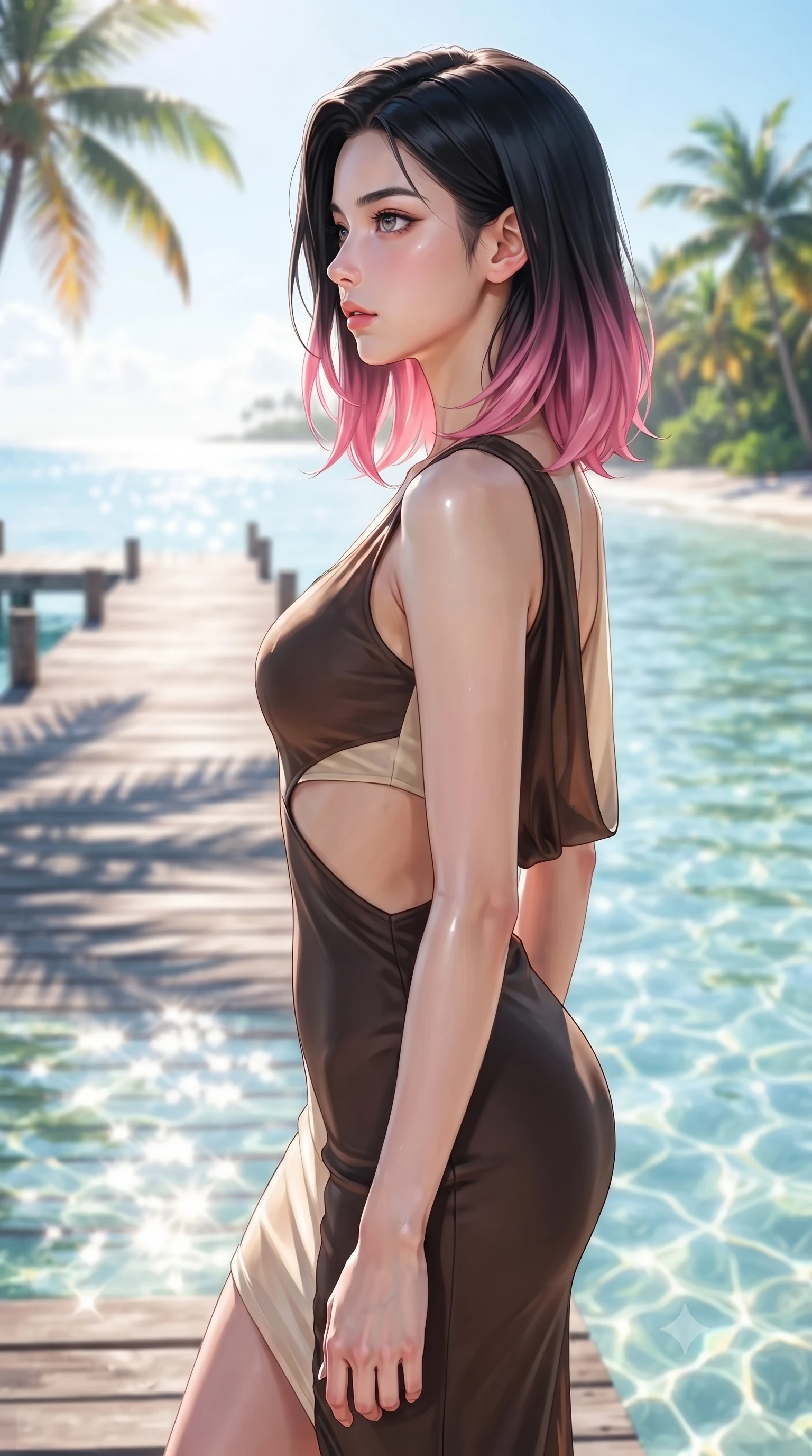 score_9, masterpiece, best quality, ultra-detailed, high-budget anime keyframe, editorial fashion photography, tasteful artistic composition, Korean woman. close-up cowboy shot from the waist and thighs up, the character dominates the composition, filling the frame with her large presence, background elements kept in soft focus. Turning her face in sharp dramatic profile against the bright light, showcasing her sharp v-shaped jawline poised on a palm-shaded wooden pier leading into crystal-clear tropical water, dazzling tropical sunlight creating glittering water refractions. She has an exceptionally elegant, slender, and willowy female figure with an ultra-slim waist, a gracefully sculpted slender torso, and a refined silhouette. sharp v-shaped jawline, high-bridge nose, intricate jewel-like eyes with depth, thick eyelashes, glossy lips with a natural sheen. wearing a precision-fitted liquid jersey bodycon dress with a draped back in espresso brown and warm cream, woven from fine semi-opaque sheer organza, featuring clean architectural cutouts along her slender torso, the sleek second-skin texture accentuating her magnetic presence. surrounded by a bright, pristine beach ambiance with sharp specular highlights. highly saturated vibrant anime colors, detailed shading with soft gradients, rich glossy textures, high-contrast stereoscopic depth, volumetric dynamic lighting, master piece, 9:16 ratio
