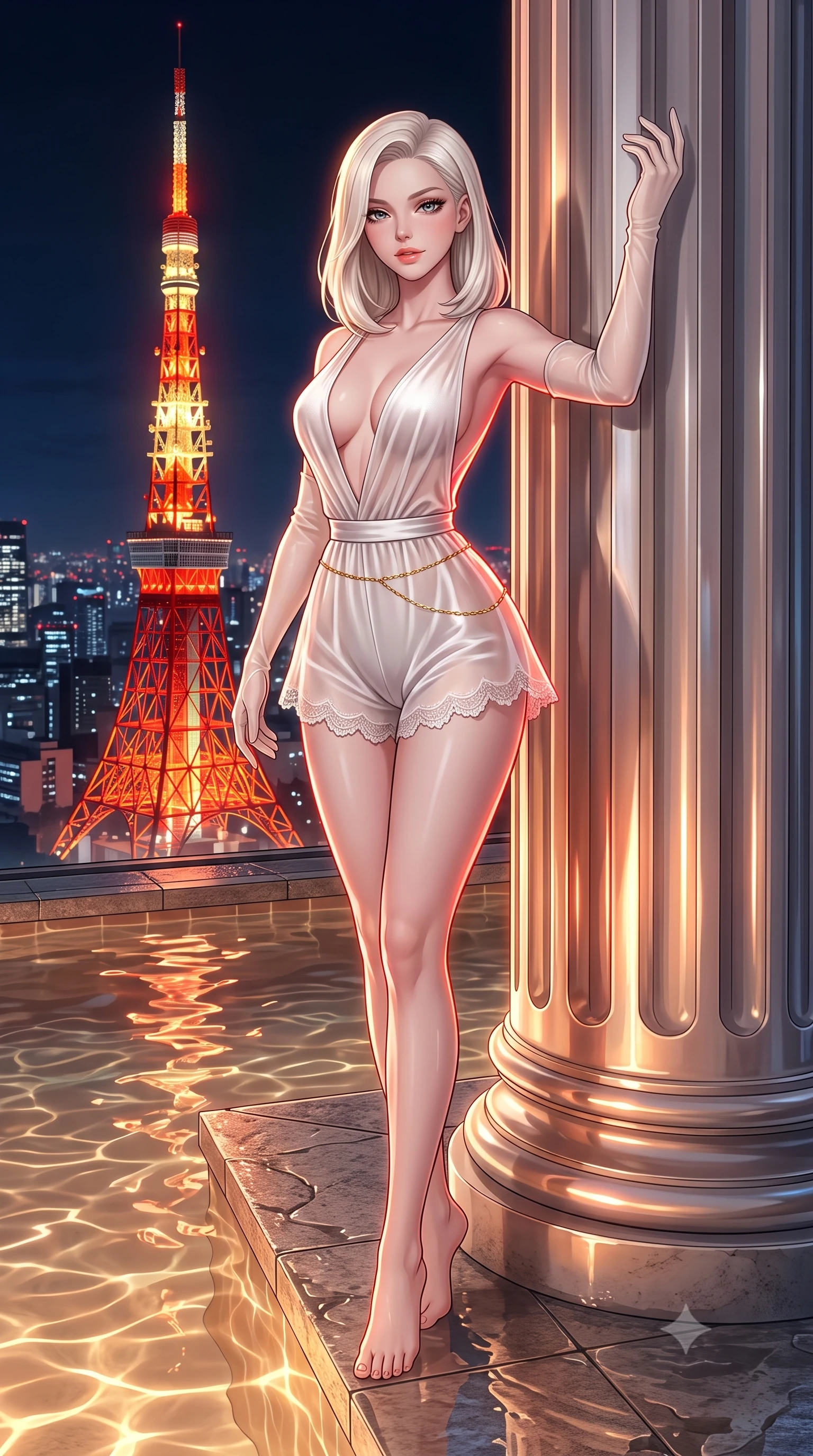 score_9, masterpiece, best quality, ultra-detailed, high-budget anime keyframe, semi-realistic 3D game render, editorial fashion photography, tasteful artistic composition, Caucasian woman. low angle full-body shot from head to toe showing her feet, filling the entire 9:16 vertical frame with her statuesque presence, stretching her vertical silhouette. standing tall beside the architectural column, one hand resting high while arching her lower back to emphasize her sculpted feminine hips and slender waist while twisting her slender torso in an alluring S-curve, warm hot spring water ripples and red-orange tower lights tracing her narrow waist and curvy hips. The surrounding environment is rendered in vivid detail and crisp panoramic clarity: detailed wet-look high-cut monokini cling, delicate gold waist chain shine, and Tokyo skyscraper engineering in razor-sharp precision. She has an absolutely perfect, statuesque 8.5-heads proportion, an exceptionally tall and slender model-like female figure with impossibly long slender legs, an ultra-slim waist, a flat toned midriff, narrow delicate ribcage, and beautifully sculpted feminine hips creating a graceful, slim hourglass silhouette without any bulky heaviness. sharp v-shaped jawline, high-bridge nose, sparkling eyes with hypnotic seductive depth, thick curled eyelashes, glossy parted lips with a natural dewy peach sheen, alluring bedroom-eyes with an enchanting coquettish smile, exuding magnetic siren charisma and sophisticated glamour, flawlessly proportioned anatomical accuracy, strict slender model proportions, natural body alignment, perfectly sculpted long slender limbs, ultra-slim waistline, clean dynamic posture without body distortion. wearing a plunge-neck stretch velvet romper with scalloped eyelash-lace hems and a cinched waist ribbon in pure pearl alabaster with platinum sheen, made of sheer gossamer chiffon that drapes softly against skin with airy translucence, complemented by sheer opera-length evening gloves tracing her slender arms, the form-contouring silhouette accentuating her sculpted flat midriff, narrow delicate ribcage, and gracefully curvy hips with intoxicating allure. bathed in the warm underwater thermal pool glow paired with vivid red-orange neon spill from the illuminated Tokyo Tower. highly saturated vibrant anime colors, detailed shading with soft gradients, rich glossy textures, high-contrast stereoscopic depth, volumetric dynamic lighting, master piece, 9:16 ratio