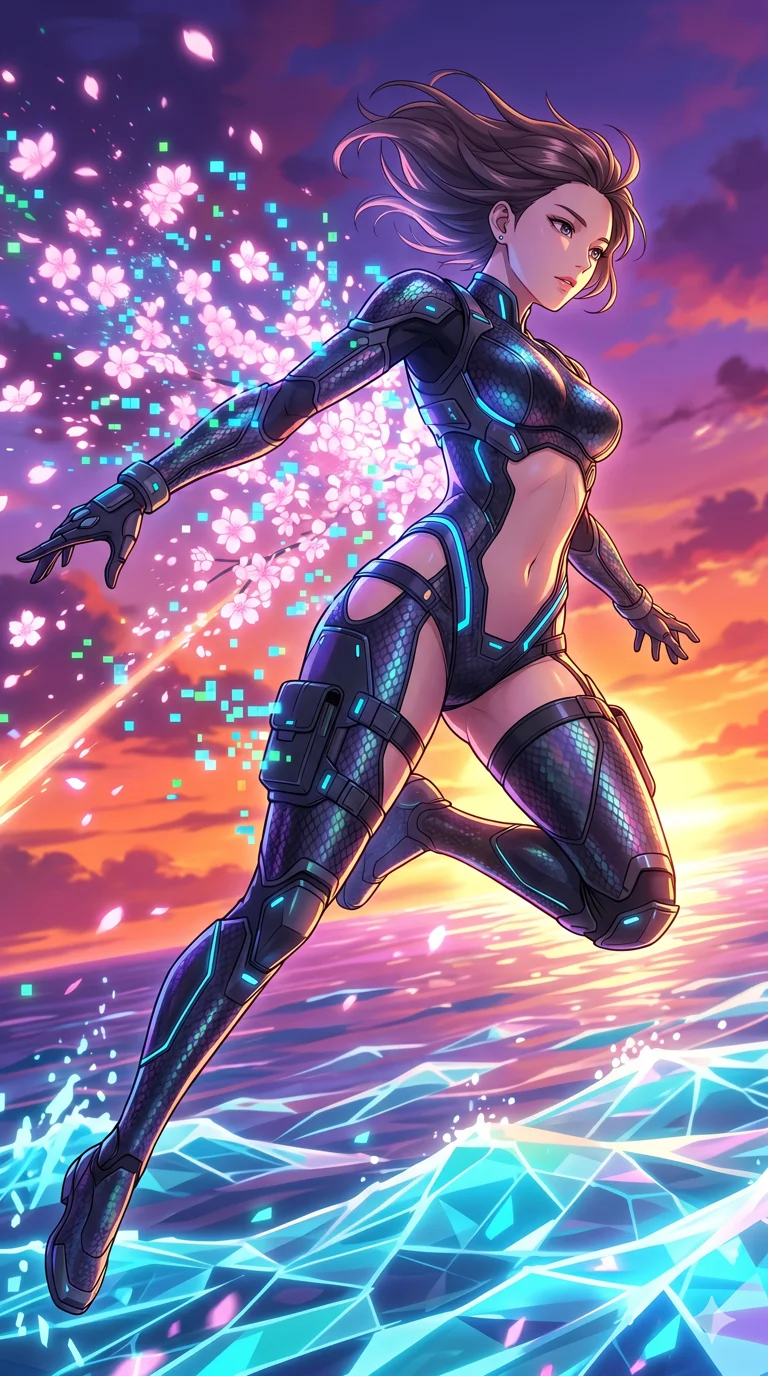 score_9, masterpiece, best quality, ultra-detailed, High-budget Anime Keyframe, vibrant colors, fluid line-art, expressive lighting, cinematic composition, Ufotable-style visual effects, top-tier animation quality, Korean woman with idol-like refined features. Dynamic full-body shot stretching the vertical silhouette, capturing her from a powerful low-angle perspective. Vanishing into a sudden cloud of glowing cherry blossoms and digital pixels to escape an incoming attack. She has an absolutely perfect 8-heads proportion, an exceptionally tall and slender female figure with impossibly long slender legs and an ultra-slim waist, her statuesque height and towering silhouette dominating the vertical 9:16 frame. Her face is a masterpiece featuring a sharp v-shaped jawline, high-bridge nose, intricate jewel-like eyes with depth, thick eyelashes, and glossy lips with a natural sheen. She is wearing a Futuristic pilot suit with an exposed midriff and a high-cut structural frame crafted from Obsidian-glass scales that shimmer with a dark, crystalline brilliance, with integrated neon-lit tactical gear and suggestive cutouts on the thighs. The scene is set in a vibrant sunset over a futuristic crystalline ocean with waves made of liquid light, illuminated by dynamic strobe effects that capture her movement in a series of sharp fragments. 2k, ultra detail, master piece, 9:16 ratio