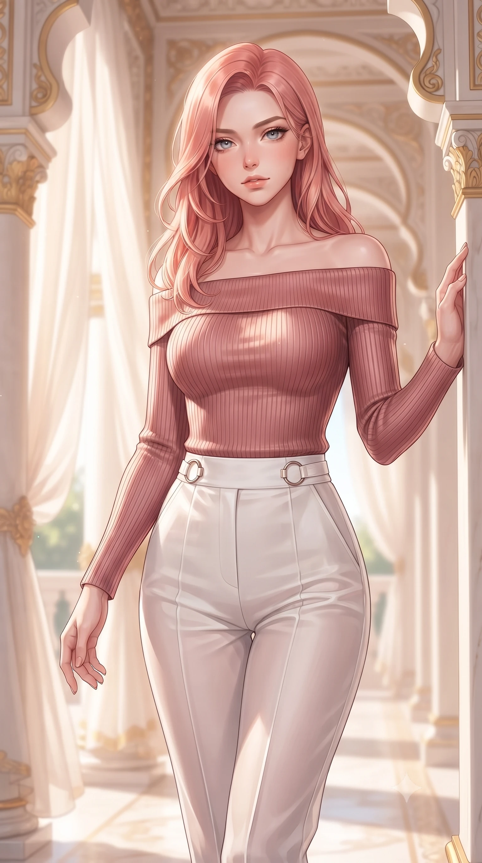 score_9, masterpiece, best quality, ultra-detailed, high-budget anime keyframe, editorial fashion photography, tasteful artistic composition, Japanese woman. close-up cowboy shot from the waist and thighs up, the character dominates the composition, filling the frame with her large presence, background elements kept in soft focus. Leaning slightly forward with a composed, seductive gaze under soft glowing light walking through an open-air colonnade with billowing silk gossamer curtains, opulent gold-leaf trim and carved ivory archways framed beautifully. She has an exceptionally elegant, slender, and willowy female figure with an ultra-slim waist, a gracefully sculpted slender torso, and a refined silhouette. sharp v-shaped jawline, high-bridge nose, intricate jewel-like eyes with depth, thick eyelashes, glossy lips with a natural sheen. wearing a sleek off-shoulder ribbed knit top paired with high-waist tailored pants in pearl white and rose gold, woven from fine semi-opaque sheer organza, accented with delicate chrome ring hardware framing her waist, the sleek second-skin texture accentuating her magnetic presence. surrounded by a bright, luxurious aura of warm sunshine and sky reflections. highly saturated vibrant anime colors, detailed shading with soft gradients, rich glossy textures, high-contrast stereoscopic depth, volumetric dynamic lighting, master piece, 9:16 ratio