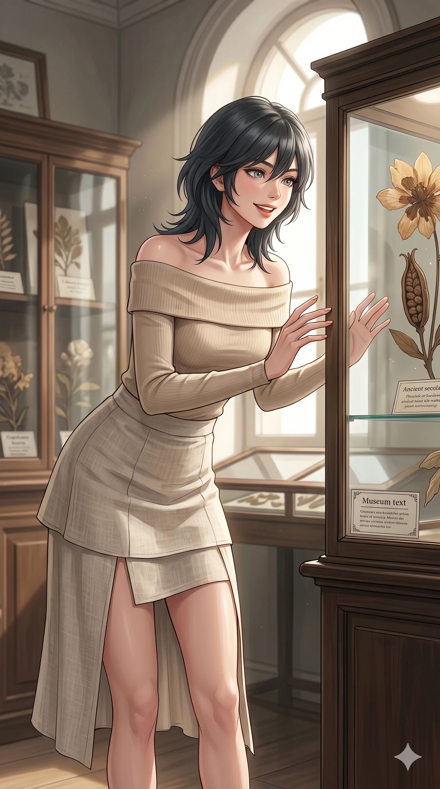 score_9, masterpiece, best quality, ultra-detailed, high-budget anime keyframe, editorial fashion photography, tasteful artistic composition, Caucasian woman, strictly human ears. cowboy shot from the thighs up, character and outfit filling the frame for maximum editorial presence. examining a glass case with a bright, curious smile and cheerful eyes inside a sunlit botanical museum corner with old display cases. She has an absolutely perfect 8-heads proportion, an exceptionally tall and slender female figure with impossibly long slender legs and an ultra-slim waist. V-shaped jawline, high-bridge nose, intricate jewel-like eyes with depth, thick eyelashes, glossy lips with a natural sheen. wearing a beige off-shoulder top showing her elegant clavicle lines, and a split linen skirt. drenched in morning sunlight casting a soft, clean glow over the exhibits. 2k, ultra detail, master piece, 9:16 ratio