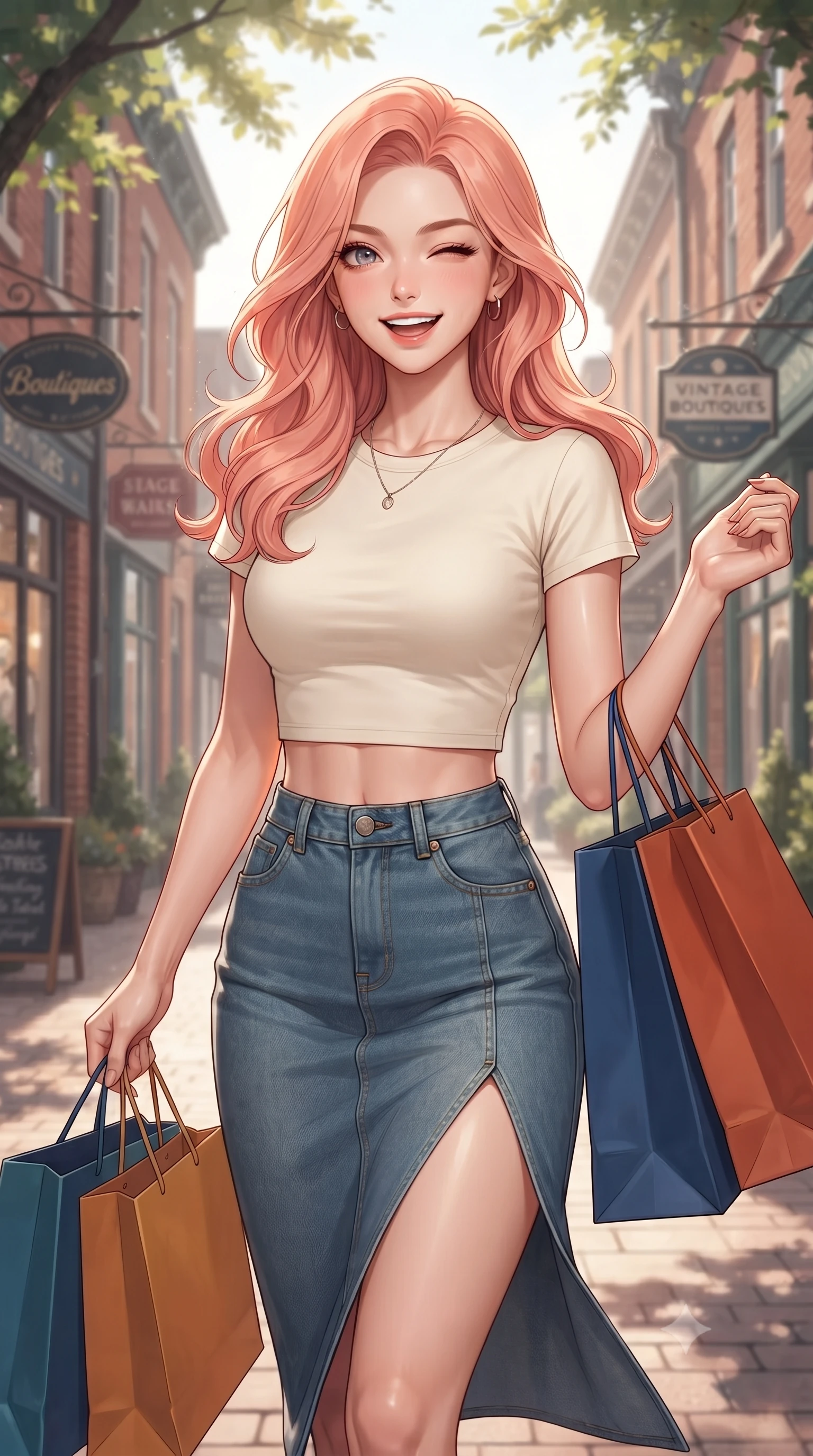 score_9, masterpiece, best quality, ultra-detailed, high-budget anime keyframe, editorial fashion photography, tasteful artistic composition, Japanese woman. close-up cowboy shot from the waist and thighs up, the character dominates the composition, filling the frame with her large presence, background elements kept in soft focus. smiling brightly with a cheerful expression, winking playfully at the viewer set against a soft-focus background of walking along a historic street lined with brick boutiques and vintage signs carrying a couple of colorful shopping bags with a happy, excited look. She has an exceptionally elegant, slender, and willowy female figure with an ultra-slim waist, a gracefully sculpted slender torso, and a refined silhouette. sharp v-shaped jawline, high-bridge nose, intricate jewel-like eyes with depth, thick eyelashes, glossy lips with a natural sheen. wearing tailored modern crop top tee in cream, paired with a high-slit denim midi skirt. dappled sunlight filtering through the street trees, casting soft shadows. ultra-reflective glossy finish, specular highlights, metallic sheen, high-contrast stereoscopic depth, volumetric dynamic lighting, 2k, ultra detail, master piece, 9:16 ratio