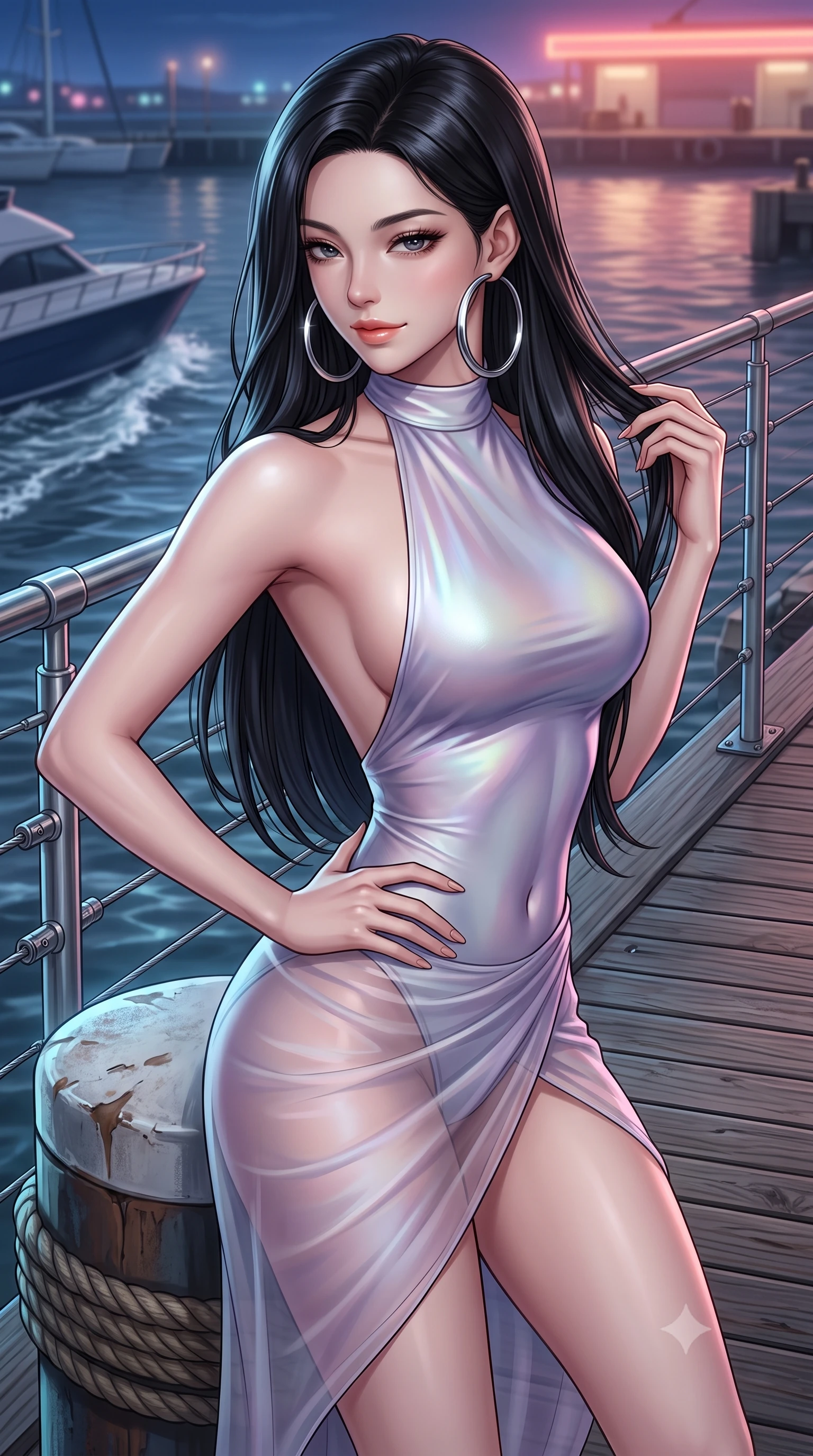 score_9, masterpiece, best quality, ultra-detailed, high-budget anime keyframe, semi-realistic 3D game render, editorial fashion photography, tasteful artistic composition, Korean woman. close-up cowboy shot from the waist and thighs up, the character dominates the composition, filling the frame with her large presence. twisting her slender torso in an alluring contrapposto stance, one hand resting on her sculpted hip while her fingers toy with her hair with effortless poise while leaning against the maritime bollard with hips cocked back, looking back over a bare shoulder with an intoxicating bedroom-gaze. The surrounding environment is rendered in vivid detail and crisp panoramic clarity: sharp boardwalk timber grain, stainless steel cable railing, and water wake ripple clarity in deep focus. She has an exceptionally elegant, slender, and willowy female figure with an ultra-slim waist, flat toned midriff, narrow ribcage, and sculpted feminine hips creating an alluring, slim hourglass silhouette without bulk. sharp v-shaped jawline, high-bridge nose, sparkling eyes with hypnotic seductive depth, thick curled eyelashes, glossy parted lips with a natural dewy peach sheen, alluring bedroom-eyes with an enchanting coquettish smile, exuding magnetic siren charisma and sophisticated glamour, flawlessly proportioned anatomical accuracy, strict slender model proportions, natural body alignment, perfectly sculpted long slender limbs, ultra-slim waistline, clean dynamic posture without body distortion. wearing a liquid-tight backless silk halter leotard styled with a sheer wrap overskirt revealing her long slender legs and hip curve in iridescent mother-of-pearl and misty lavender, tailored from ultra-plush velvet with rich tactile depth and deep shadow gradients, accented with oversized polished chrome hoop earrings catching the ambient neon glow, the second-skin tailored fabric adhering flawlessly to her sculpted flat midriff and slender torso, emphasizing her long leg lines and perfectly proportioned willowy build. illuminated by harbor water moonbeam bounce and sharp platinum rim lights defining her collarbones, narrow waist, and curvy hips. highly saturated vibrant anime colors, detailed shading with soft gradients, rich glossy textures, high-contrast stereoscopic depth, volumetric dynamic lighting, master piece, 9:16 ratio