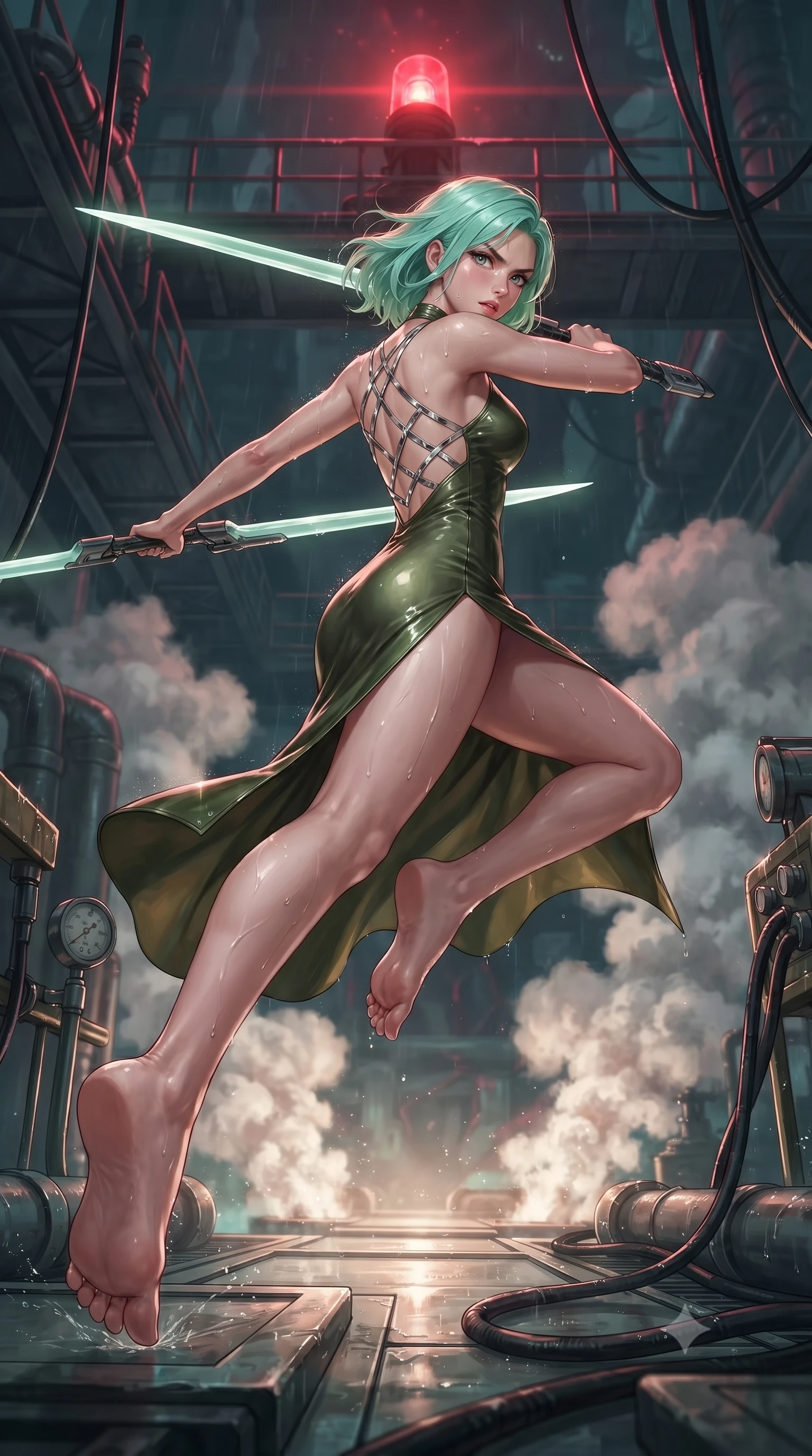 score_9, masterpiece, best quality, ultra-detailed, high-budget anime keyframe, editorial fashion photography, tasteful artistic composition, Japanese woman. low angle full-body shot from head to toe showing her feet, filling the entire 9:16 vertical frame with her statuesque presence, stretching her vertical silhouette. leaping forward while slashing with a twin-bladed plasma sword in mid-air, her body-contouring suit showing her athletic silhouette, the background shows a soft-focus a wet maintenance dock inside an undersea volcano crater with steam vents. She has an absolutely perfect, statuesque 8.5-heads proportion, an exceptionally tall and slender model-like female figure with impossibly long slender legs and an ultra-slim waist. sharp v-shaped jawline, high-bridge nose, intricate jewel-like eyes with depth, thick eyelashes, glossy lips with a natural sheen. wearing a slim-fit dramatic open-back maxi combat dress in olive green, featuring a high thigh slit and chrome straps. underground steam vents catching a pulsing crimson warning beacon light from above. ultra-reflective glossy finish, specular highlights, metallic sheen, high-contrast stereoscopic depth, volumetric dynamic lighting, 2k, ultra detail, master piece, 9:16 ratio