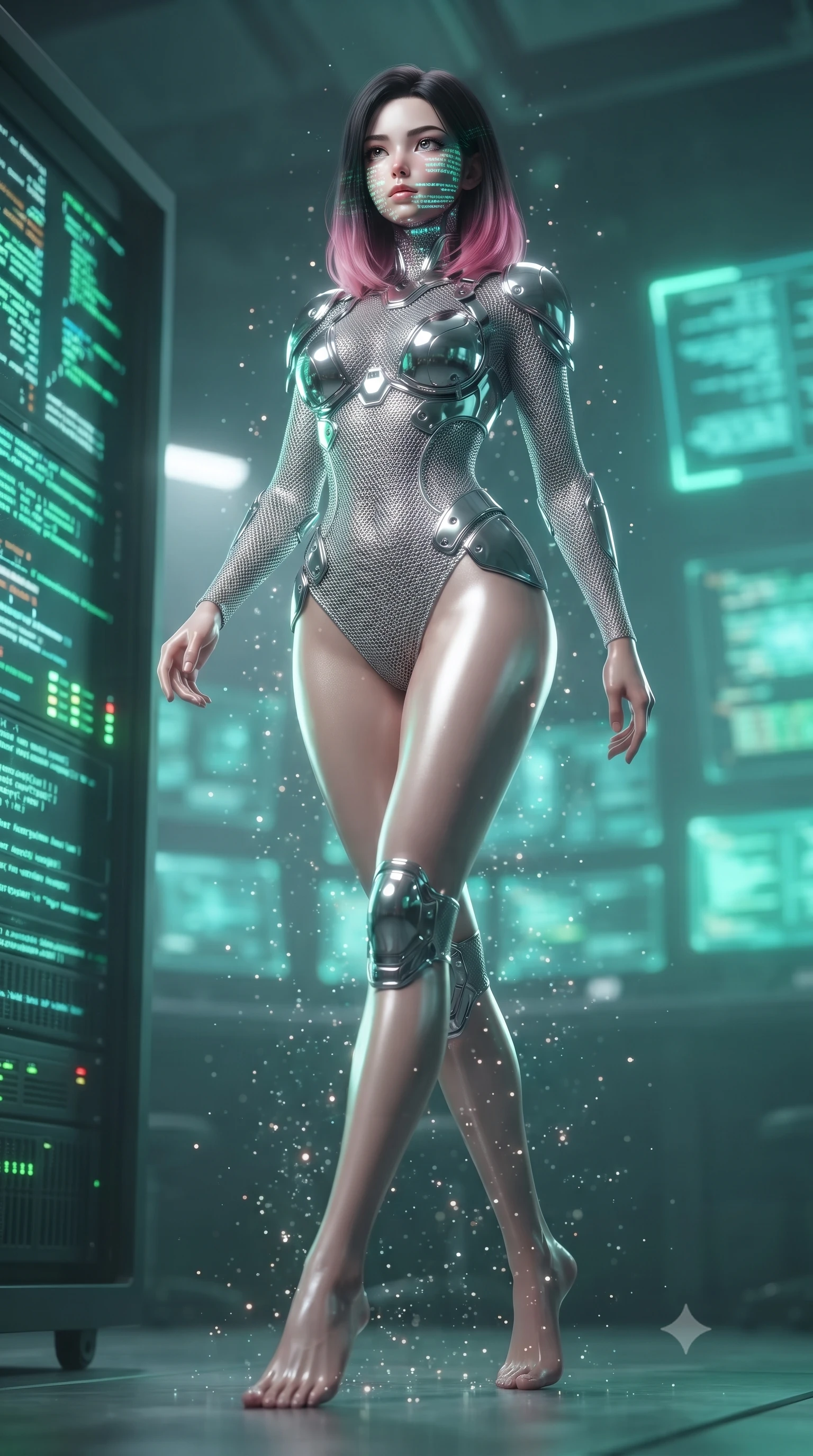score_9, masterpiece, best quality, ultra-detailed, high-budget anime keyframe, editorial fashion photography, tasteful artistic composition, Korean woman. low angle full-body shot from head to toe showing her feet, filling the entire 9:16 vertical frame with her statuesque presence, stretching her vertical silhouette. stepping gracefully through floating stardust particles, her body-contouring suit showing her athletic, slender silhouette, the background shows a soft-focus a bunker command center filled with green and cyan monitor screens. She has an absolutely perfect, statuesque 8.5-heads proportion, an exceptionally tall and slender model-like female figure with impossibly long slender legs and an ultra-slim waist. sharp v-shaped jawline, high-bridge nose, intricate jewel-like eyes with depth, thick eyelashes, glossy lips with a natural sheen. wearing a form-contouring delicate silver nano-mesh bodysuit with strategically placed chrome armor plate guards covering key curves. glowing server rack LED indicators projecting code patterns on her face. ultra-reflective glossy finish, specular highlights, metallic sheen, high-contrast stereoscopic depth, volumetric dynamic lighting, 2k, ultra detail, master piece, 9:16 ratio