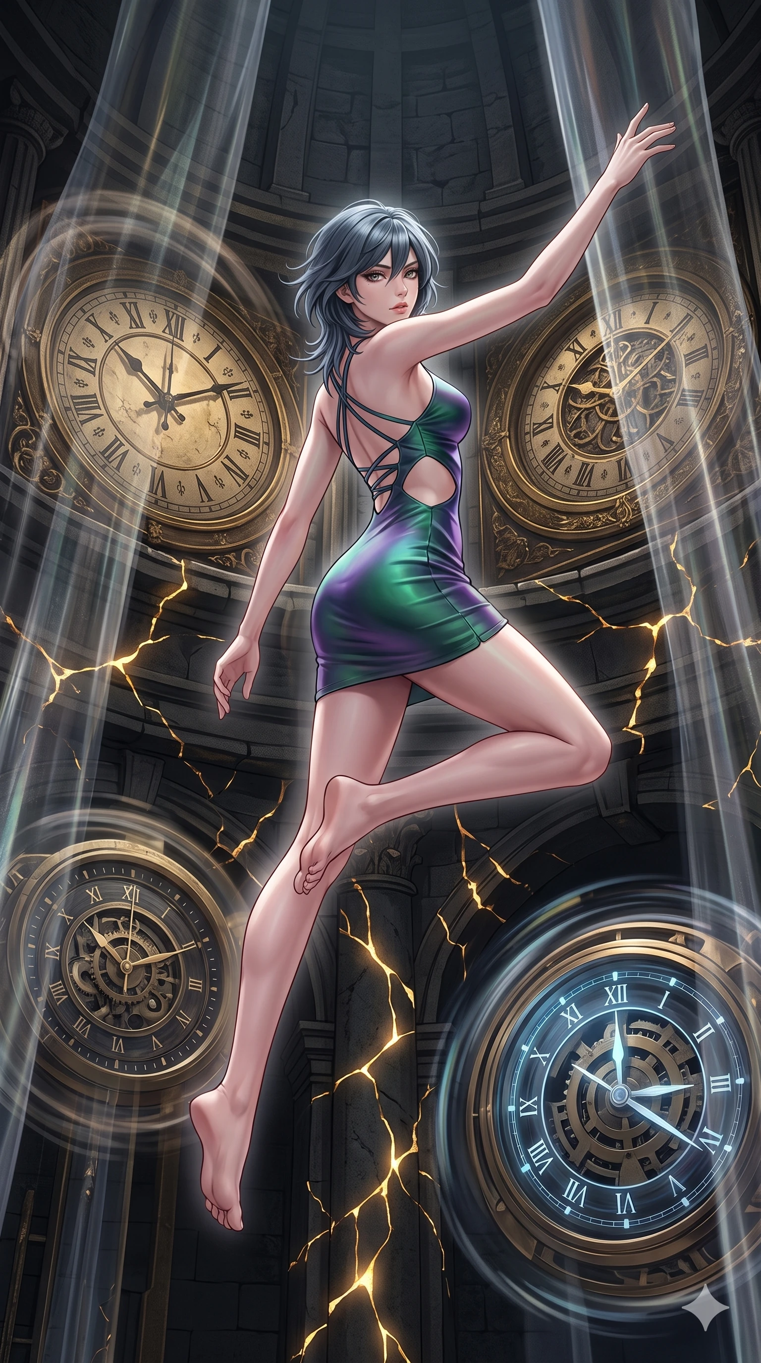 score_9, masterpiece, best quality, ultra-detailed, high-budget anime keyframe, editorial fashion photography, tasteful artistic composition, Caucasian woman, strictly human ears. low angle full-body shot from head to toe showing her feet, filling the entire 9:16 vertical frame with her statuesque presence, stretching her vertical silhouette. vaulting dynamically through inside a tower where time flows at different rates on each level massive ornate clocks running at visibly different speeds with temporal distortion creating ghostly motion-blur halos around objects caught between time streams. She has a statuesque 8.5-heads proportion, an exceptionally tall, slender and willowy model-like build with impossibly long legs and a highly sculpted ultra-slim waist. sharp v-shaped jawline, high-bridge nose, intricate jewel-like eyes with depth, thick eyelashes, glossy lips with a natural sheen. wearing a bodycon mini dress in an iridescent forest green and violet gradient, with a waist cutout and a strappy back. glowing kintsugi gold light radiating from cracks in the environment creating a majestic inner glow. 2k, ultra detail, master piece, 9:16 ratio