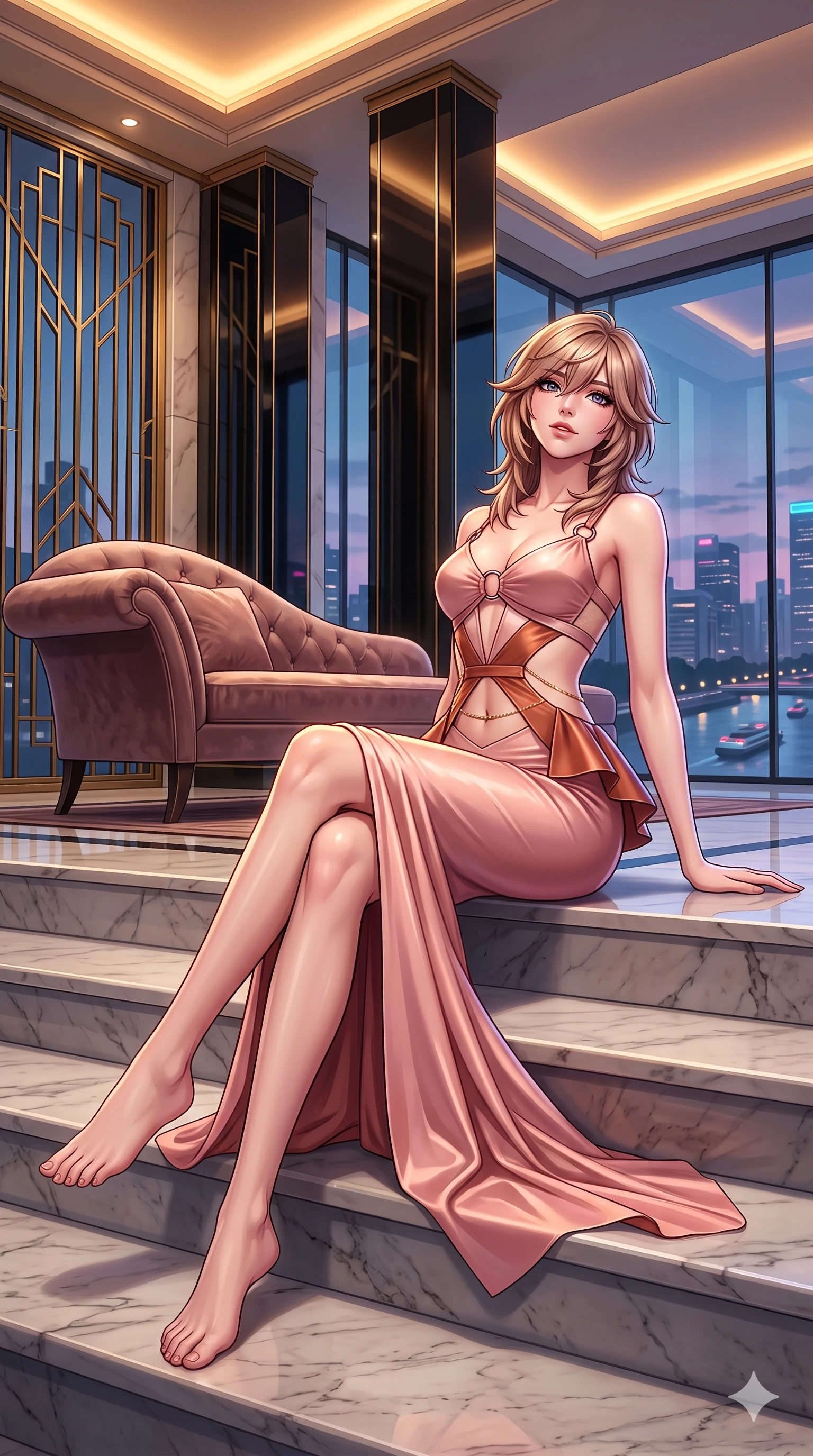 score_9, masterpiece, best quality, ultra-detailed, high-budget anime keyframe, semi-realistic 3D game render, editorial fashion photography, tasteful artistic composition, Japanese woman. low angle full-body shot from head to toe showing her feet, filling the entire 9:16 vertical frame with her statuesque presence, stretching her vertical silhouette. sitting poised on the Carrara marble steps with one knee bent, arching her spine with supermodel elegance as she glances upward through thick eyelashes while lounging in a velvet chaise lounge propped on one elbow with legs crossed, flashing an intoxicating smile with parted glossy lips as river traffic glides past. The surrounding environment is rendered in vivid detail and crisp panoramic clarity: sharp geometric brass window grill bevels, mirror-polished black lacquer pillar reflections, and crisp skyline window grids in deep focus. She has an exceptionally tall and slender model-like 8.5-heads proportion, an ultra-slim waist, a flat toned midriff, narrow delicate ribcage, and beautifully sculpted feminine hips creating a graceful, slim hourglass silhouette without any bulky heaviness, with impossibly long slender legs. sharp v-shaped jawline, high-bridge nose, intricate jewel-like sparkling eyes with depth, thick eyelashes, glossy parted lips with a natural sheen, intensely captivating and seductive bedroom-eyes expression, exuding both youthful cute charm and sovereign luxury allure, flawlessly proportioned anatomical accuracy, strict slender model proportions, natural body alignment, perfectly sculpted long slender limbs, ultra-slim waistline, clean dynamic posture without body distortion. wearing a structural geometric peplum gown with sheer side-ribbon cutouts and form-fitting skirt in rose-quartz blush and burnished copper, adorned with delicate chrome ring hardware and cutouts along her slender waist, accented with a dainty gold belly chain resting across her flat midriff and curving hips, the impeccably tailored cut draping gracefully along her slender figure with aristocratic poise. bathed in the prestigious warm 2600K amber glow of recessed Art Deco cove lighting combined with cool neon skyline fill through panoramic glass. highly saturated vibrant anime colors, detailed shading with soft gradients, rich glossy textures, high-contrast stereoscopic depth, volumetric dynamic lighting, master piece, 9:16 ratio