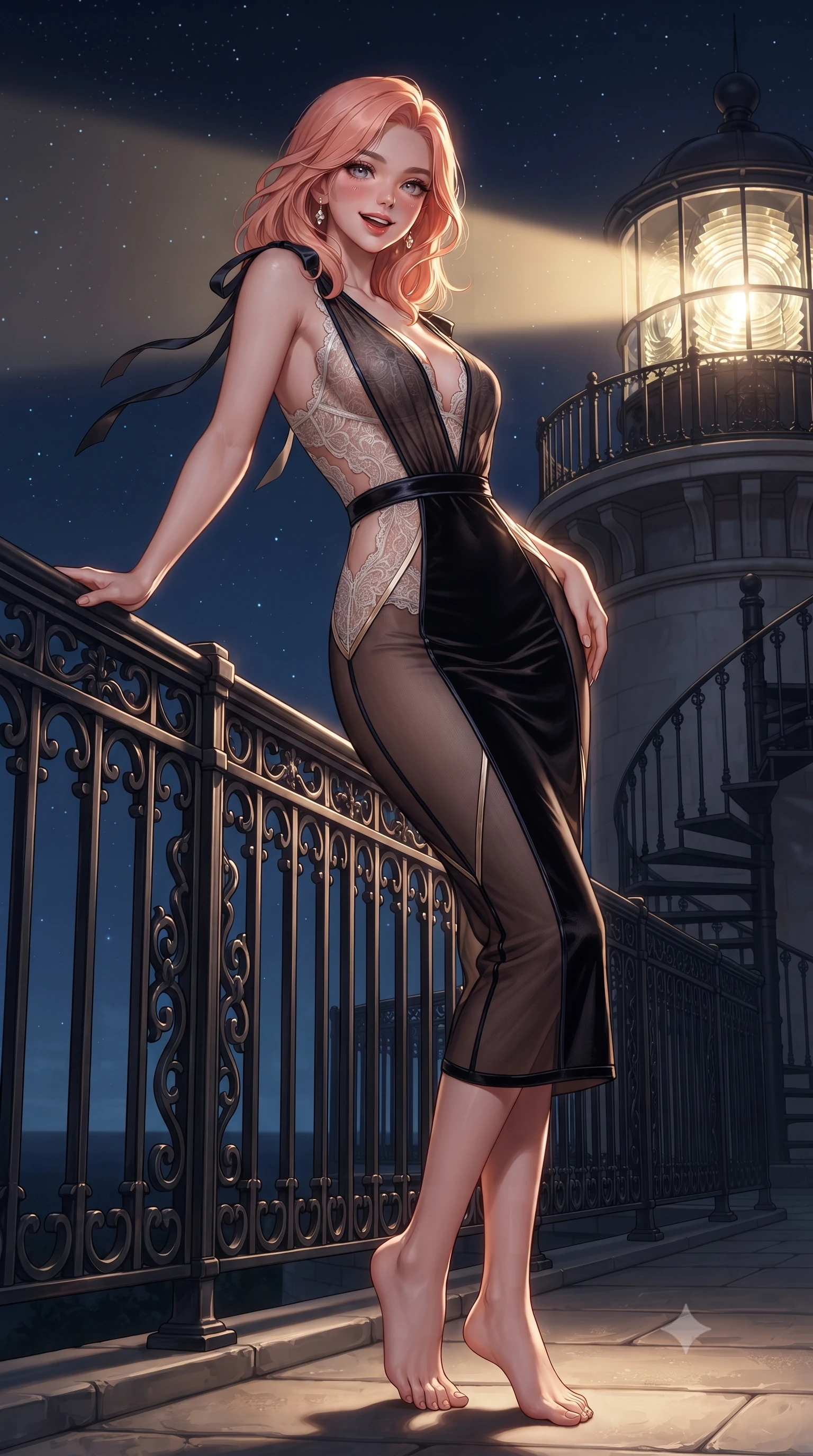 score_9, masterpiece, best quality, ultra-detailed, high-budget anime keyframe, editorial fashion photography, tasteful artistic composition, Japanese woman. low angle full-body shot from head to toe showing her feet, filling the entire 9:16 vertical frame with her statuesque presence, stretching her vertical silhouette. leaning deep against the balcony balustrade with hips cocked back in an unapologetically alluring high-fashion stance, casting an intoxicating glance while twisting her slender torso in an alluring S-curve, periodic sweeping lighthouse beams casting radiant flashes across her flat midriff and hips. The surrounding environment is rendered in vivid detail and crisp panoramic clarity: detailed delicate semi-sheer macramé lace teddy with scalloped edges, open sides, and cape lighthouse architecture in razor-sharp precision. She has an exceptionally tall and slender model-like 8.5-heads proportion, an ultra-slim waist, a flat toned midriff, narrow delicate ribcage, and beautifully sculpted feminine hips creating a graceful, slim hourglass silhouette without any bulky heaviness, with impossibly long slender legs. sharp v-shaped jawline, high-bridge nose, intricate jewel-like sparkling eyes with depth, thick eyelashes, glossy parted lips with a natural peach sheen, bright cheerful beaming smile with an enchanting and coquettish sensual glint, exuding both youthful cute charm and seductive allure, flawlessly proportioned anatomical accuracy, strict slender model proportions, natural body alignment, perfectly sculpted long slender limbs, ultra-slim waistline, clean dynamic posture without body distortion. wearing a plunging sheer micro-mesh cocktail dress with liquid satin piping contouring her flat midriff and hips in midnight noir obsidian black and pure champagne gold, tailored from ultra-plush silk velvet with rich tactile depth and deep shadow gradients, finished with satin ribbon ties at the shoulders fluttering in the gentle breeze, the glove-like clinging cut tightly following the natural contour of her hips and long slender legs with youthful 8.5-heads elegance. bathed in the periodic sweeping golden glow of the historic lighthouse beam contrasted with deep nocturnal sky and starlight. ultra-reflective glossy finish, specular highlights, rich textural contrasts, high-contrast stereoscopic depth, volumetric dynamic lighting, 2k, ultra detail, master piece, 9:16 ratio