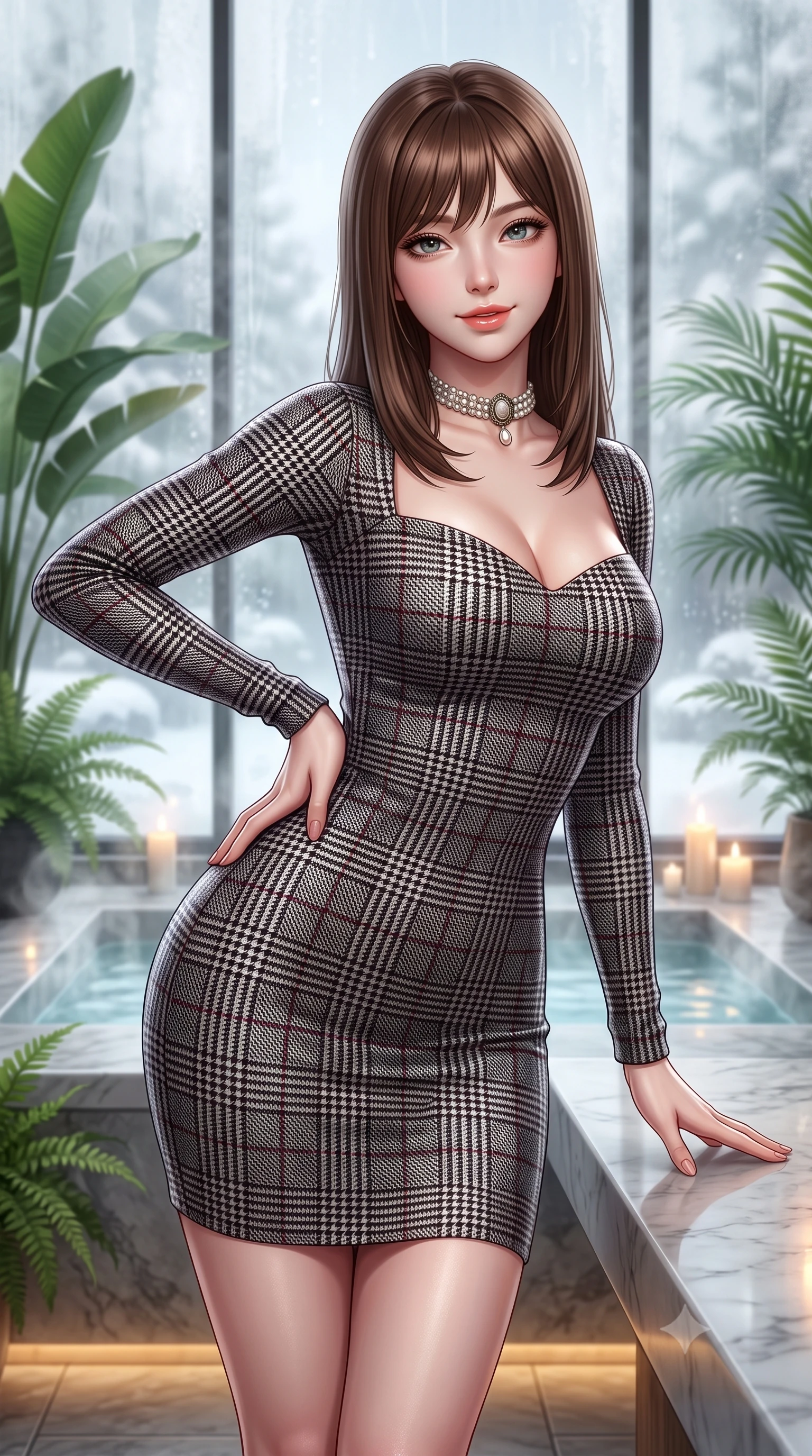 score_9, masterpiece, best quality, ultra-detailed, high-budget anime keyframe, semi-realistic 3D game render, editorial fashion photography, tasteful artistic composition, Korean woman. close-up cowboy shot from the waist and thighs up, the character dominates the composition, filling the frame with her large presence. arching her lower back slightly with one hand resting on her sculpted hip, looking into the camera with an enchanting and coquettish smile while leaning against a smooth heated marble bench, resting one hand on the warm stone with effortless wellness-model grace. The background shows a soft-focus steaming outdoor snow pools seen through glass, lush indoor banana palms and ferns, and soft candlelight blurred into jade, azure, and vaporous white bokeh. She has an exceptionally elegant, slender, and willowy female figure with an ultra-slim waist, flat toned midriff, narrow ribcage, and sculpted feminine hips creating an alluring, slim hourglass silhouette without bulk. sharp v-shaped jawline, high-bridge nose, intricate jewel-like sparkling eyes with depth, thick eyelashes, glossy parted lips with a natural peach sheen, bright cheerful beaming smile with an enchanting and coquettish sensual glint, exuding both youthful cute charm and seductive allure, flawlessly proportioned anatomical accuracy, strict slender model proportions, natural body alignment, perfectly sculpted long slender limbs, ultra-slim waistline, clean dynamic posture without body distortion. wearing a sculpted sweetheart-neckline knit bodycon dress with long fitted sleeves and an ultra-snug bodice in classic glen plaid monochrome with subtle wine red accent, crafted from fluid liquid velvet offering rich tactile depth while adhering to her hourglass shape, complemented by an antique baroque pearl choker accentuating her delicate neck and collarbones, the body-conscious tailored knit hugging her sculpted torso and curvaceous hips in a seamless, fluid line that highlights her statuesque model proportions. bathed in calm diffused winter daylight filtering through steamy glass panes combined with warm 2800K recessed floor lights. highly saturated vibrant anime colors, detailed shading with soft gradients, rich glossy textures, high-contrast stereoscopic depth, volumetric dynamic lighting, master piece, 9:16 ratio
