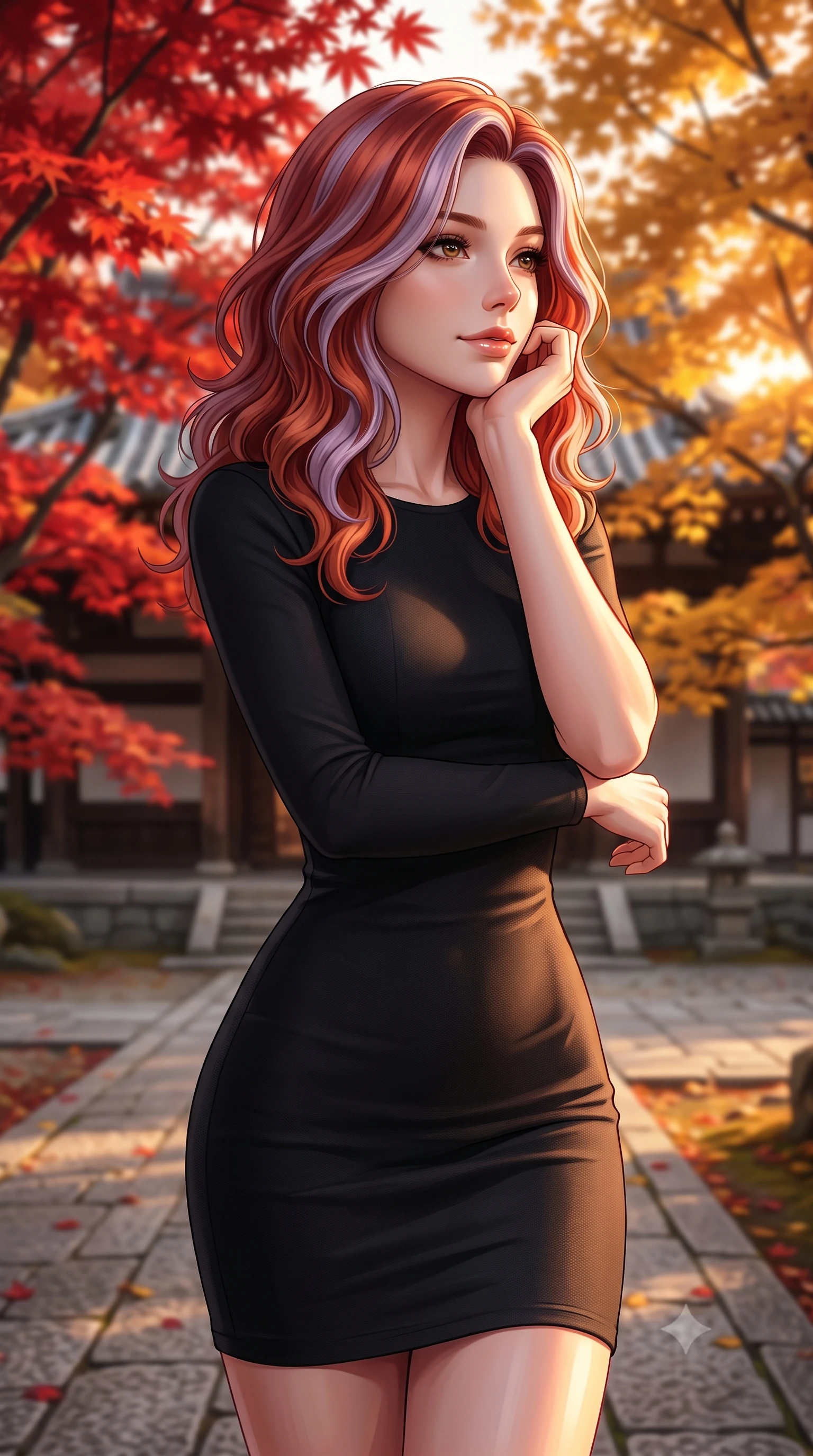 score_9, masterpiece, best quality, ultra-detailed, high-budget anime keyframe, editorial fashion photography, tasteful artistic composition, Caucasian woman woman. close-up cowboy shot from the waist and thighs up, the character dominates the composition, filling the frame with her large presence, background elements kept in soft focus. resting her chin on her hand, looking out at the beautiful scenery with a soft smile the background shows a soft-focus a stone courtyard of an old temple filled with red and golden maple trees. She has an exceptionally elegant, slender, and willowy female figure with an ultra-slim waist, a gracefully sculpted slender torso, and a refined silhouette. sharp v-shaped jawline, high-bridge nose, intricate jewel-like eyes with depth, thick eyelashes, glossy lips with a natural sheen. wearing a form-contouring form-fitting black bodycon dress in structured crepe fabric with a simple crew neck. warm orange and red hues of the afternoon sun reflecting off the foliage. 2k, ultra detail, master piece, 9:16 ratio