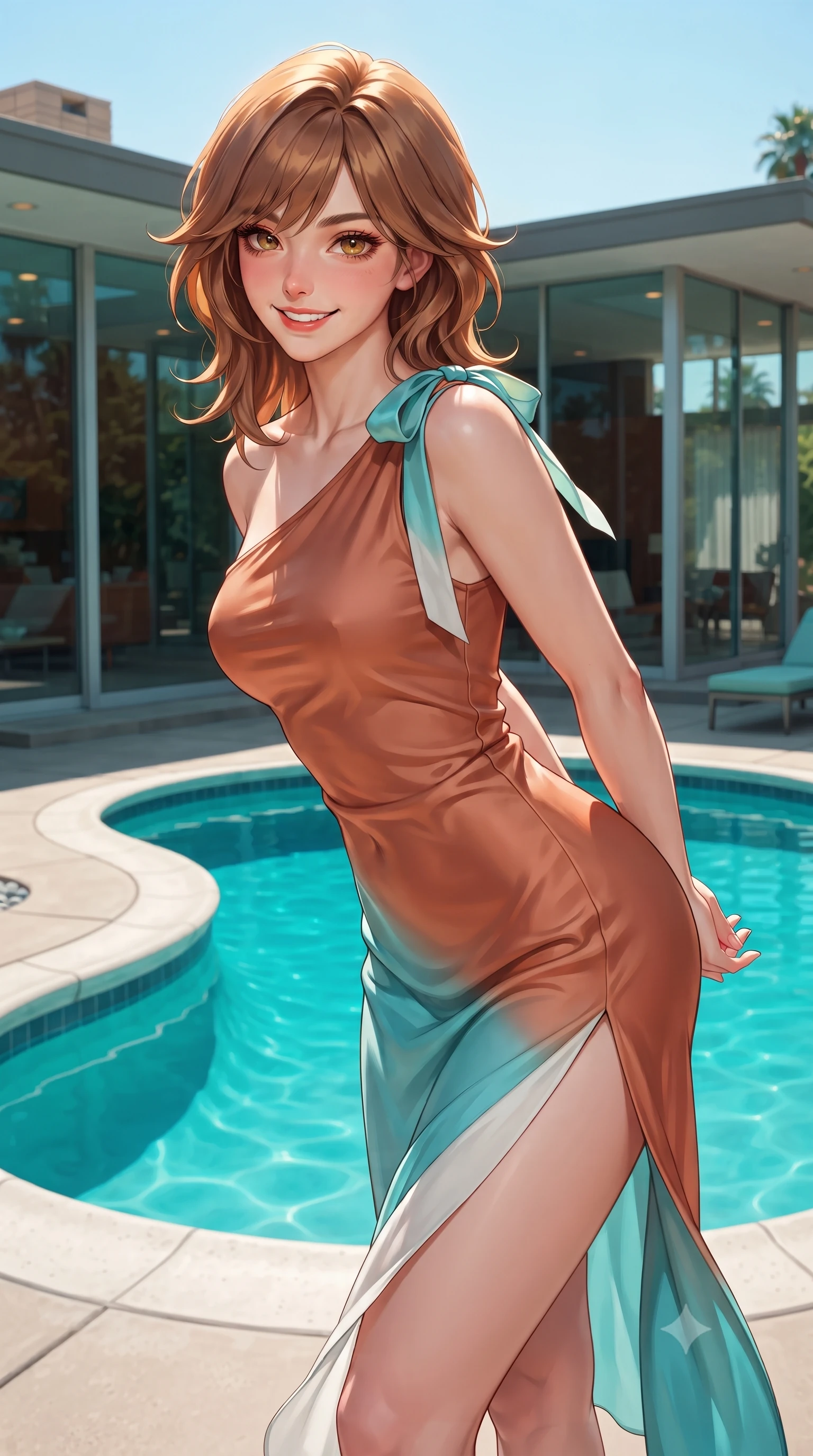 score_9, masterpiece, best quality, ultra-detailed, high-budget anime keyframe, editorial fashion photography, tasteful artistic composition, Korean woman. close-up cowboy shot from the waist and thighs up, the character dominates the composition, filling the frame with her large presence. resting both hands lightly behind her back while leaning toward the lens with a cheerful, teasing grin, her form-fitting outfit hugging her narrow waist and feminine hip curve while standing poised beside the turquoise kidney-shaped pool outside the glass-walled villa, arching her back with glamorous Hollywood starlet poise. The surrounding environment is rendered in vivid detail and crisp panoramic clarity. detailed tailored fabric texture, jewelry shimmer, and mid-century modern architectural lines in high resolution. She has an exceptionally elegant, slender, and willowy female figure with an ultra-slim waist, flat toned midriff, narrow ribcage, and sculpted feminine hips creating an alluring, slim hourglass silhouette without bulk. sharp v-shaped jawline, high-bridge nose, sparkling amber-hazel eyes with depth, long lush eyelashes, glossy sun-kissed lips with a warm coral glaze, radiant teasing smile with sensual sunlit bedroom-eyes, exuding effortless old-money elegance and intoxicating sun-drenched allure, flawlessly proportioned anatomical accuracy, strict slender model proportions, natural body alignment, perfectly sculpted long slender limbs, ultra-slim waistline, clean dynamic posture without body distortion. wearing an asymmetrical one-shoulder terracotta silk slip dress featuring a high side hip slit and fluid drape in refreshing Aegean turquoise and crisp sea-salt white, tailored from airy semi-sheer chiffon that flutters gently in the evening breeze, finished with cute satin bow ribbons tying at the shoulders, the glove-like silhouette tightly following the natural contour of her hips and long slender legs with youthful 8.5-heads elegance. illuminated by turquoise pool water caustics and sharp amber rim lighting sculpting her razor-sharp jawline, narrow waist, and curvy hips. ultra-reflective glossy finish, specular highlights, rich textural contrasts, high-contrast stereoscopic depth, volumetric dynamic lighting, 2k, ultra detail, master piece, 9:16 ratio