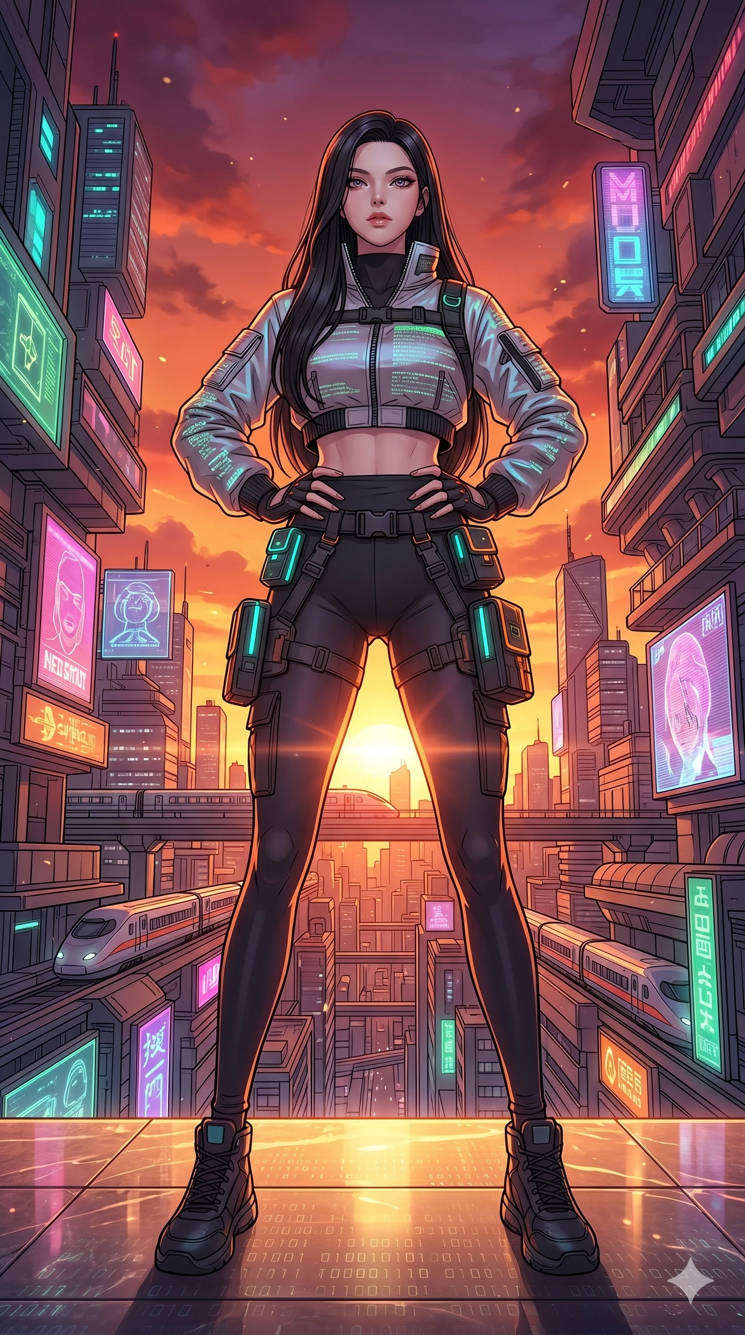 score_9, masterpiece, best quality, ultra-detailed, high-budget anime movie keyframe, cinematic anime lighting, intricate line art, Korean woman. Low angle cowboy shot filling the entire 9:16 frame with her statuesque presence. standing victoriously in a cyber-temple in Neo-Tokyo during a golden sunset. She has an absolutely perfect 8-heads proportion, an exceptionally tall and slender female figure with an ultra-slim waist and impossibly long slender legs. sharp v-shaped jawline, high-bridge nose, intricate jewel-like eyes, thick eyelashes, glossy lips. Wearing modern urban tech-wear ensemble with a cropped reflective bomber jacket, ultra-slim high-waisted cargo leggings, and tactical harness with neon-lit pouches. The scene is illuminated by dramatic atmospheric lighting and vibrant color palettes. , 2k, ultra detail, master piece, 9:16 ratio