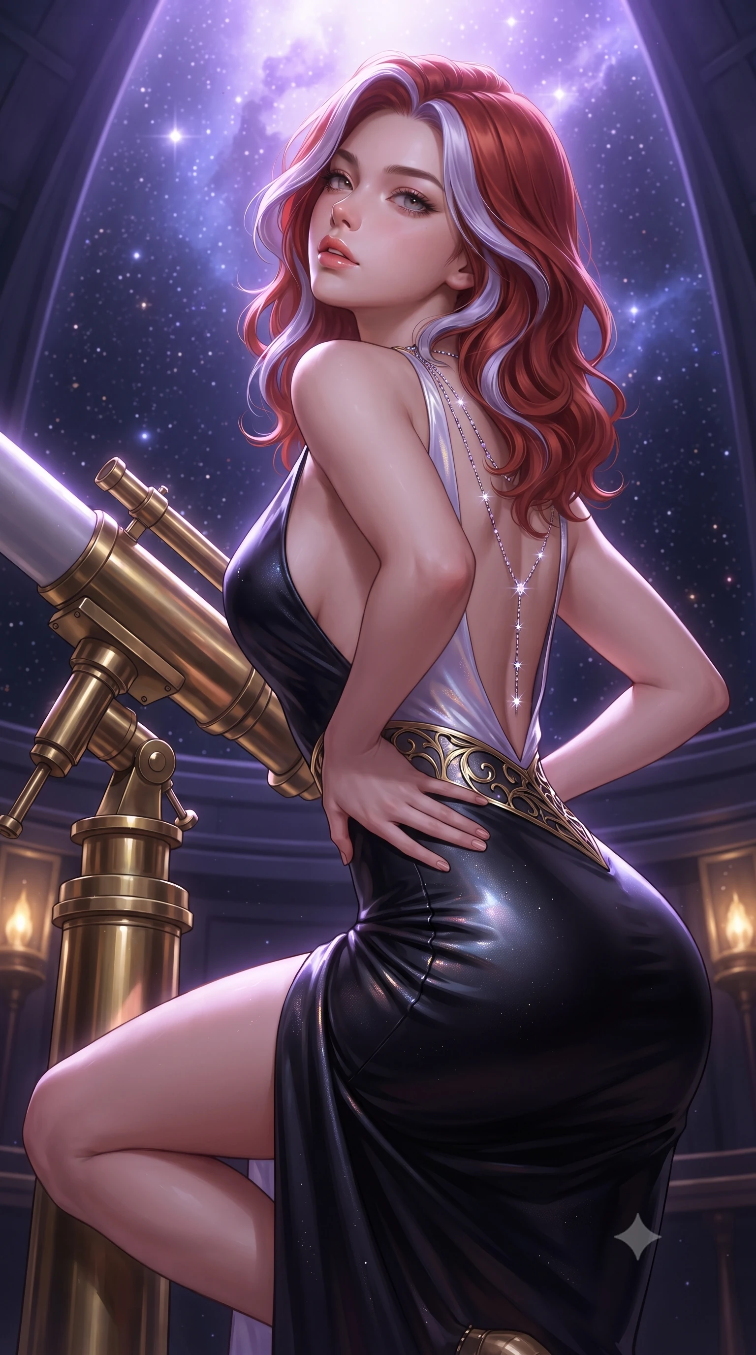 score_9, masterpiece, best quality, ultra-detailed, high-budget anime keyframe, editorial fashion photography, tasteful artistic composition, Caucasian woman. close-up cowboy shot from the waist and thighs up, the character dominates the composition, filling the frame with her large presence. tilting her chin up with proud, sovereign allure while gazing through thick eyelashes, one hand resting on her waist in pure supermodel charisma while crouching gracefully beside the brass telescope mount, looking back with parted glossy lips as galactic starlight washes over her curves. The surrounding environment is rendered in vivid detail and crisp panoramic clarity. monumental high-contrast cosmic chiaroscuro and sacred astronomical sanctuary architecture in precision. She has an exceptionally elegant, slender, and willowy female figure with an ultra-slim waist, a gracefully sculpted slender torso, toned flat midriff, and rounded feminine hips creating an alluring hourglass silhouette. sharp v-shaped jawline, high-bridge nose, intricate jewel-like eyes with depth, thick eyelashes, glossy parted lips with a natural sheen, intensely captivating and seductive bedroom-eyes expression, flawlessly proportioned anatomical accuracy, strict slender model proportions, natural body alignment, perfectly sculpted long slender limbs, ultra-slim waistline, clean dynamic posture without body distortion. wearing a sleek obsidian column dress with gold filigree hip cincher and plunging backline in pearlescent opal with soft violet luster, crafted from luxurious metallic lamé that shifts radiance like distant stars, accented with a glittering crystal constellation back chain tracing her bare spine, the glove-like aerodynamic silhouette tightly following the natural contour of her hips and long slender legs with statuesque precision. bathed in cool violet nebula glow from above and warm golden brass indicator uplights. ultra-reflective glossy finish, specular highlights, rich textural contrasts, high-contrast stereoscopic depth, volumetric dynamic lighting, 2k, ultra detail, master piece, 9:16 ratio