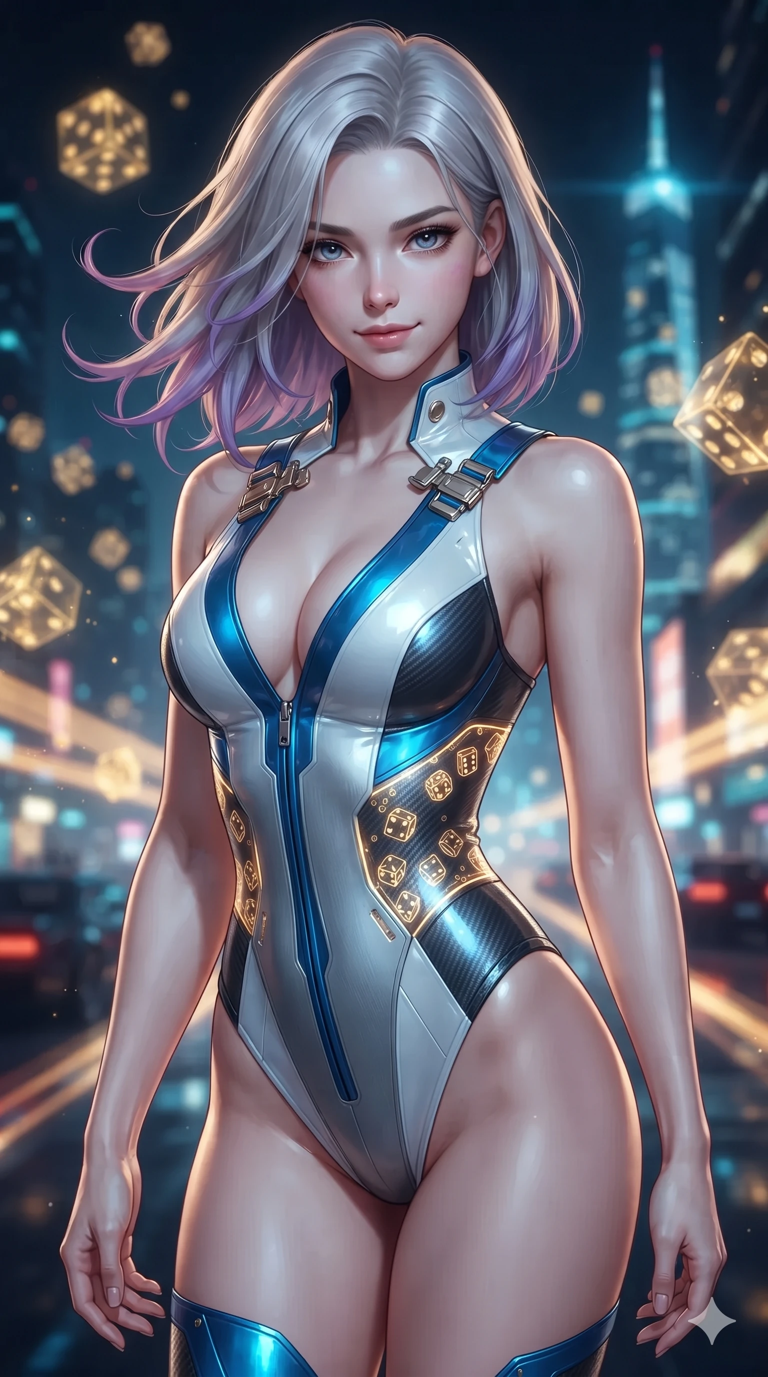 score_9, masterpiece, best quality, ultra-detailed, high-budget anime keyframe, editorial fashion photography, tasteful artistic composition, Caucasian woman. close-up cowboy shot from the waist and thighs up, the character dominates the composition, filling the frame with her large presence. turning slowly with an enchanting smoldering smile, her glossy hair tossing as her hips angle gracefully in a captivating contrapposto while twisting her slender torso in an alluring S-curve, pulsing cyber-skyline light and golden dice glyphs tracing her flat midriff and hourglass curves. The background shows a soft-focus tumbling golden holographic dice projections, soaring skyscraper light spires, and flying vehicle light trails blurred into gold, cyan, and midnight blue bokeh. She has an exceptionally elegant, slender, and willowy female figure with an ultra-slim waist, flat toned midriff, narrow ribcage, and sculpted feminine hips creating an alluring, slim hourglass silhouette without bulk. sharp v-shaped jawline, high-bridge nose, intricate jewel-like sparkling eyes with depth, thick eyelashes, glossy parted lips with a natural sheen, bright confident smile with an enchanting and coquettish sensual glint, exuding both youthful magnetic charm and sovereign high-tech allure, flawlessly proportioned anatomical accuracy, strict slender model proportions, natural body alignment, perfectly sculpted long slender limbs, ultra-slim waistline, clean dynamic posture without body distortion. wearing a glossy vinyl and carbon-fiber hybrid bodysuit with a plunging neckline and high-cut leg openings in arctic snowflake white and electric plasma blue, tailored from brushed aeronautical titanium alloy with matte satin sheen, finished with high-tension magnetic quick-release clasps glinting along her collarbones, the form-fitting tactical tailoring adhering flawlessly to her sculpted flat midriff and slender torso, emphasizing her long leg lines and perfectly proportioned willowy build. bathed in the dazzling panoramic ambient glow of the multi-tiered neon metropolis filtered through panoramic glass. ultra-reflective glossy finish, specular highlights, rich textural contrasts, high-contrast stereoscopic depth, volumetric dynamic lighting, 2k, ultra detail, master piece, 9:16 ratio