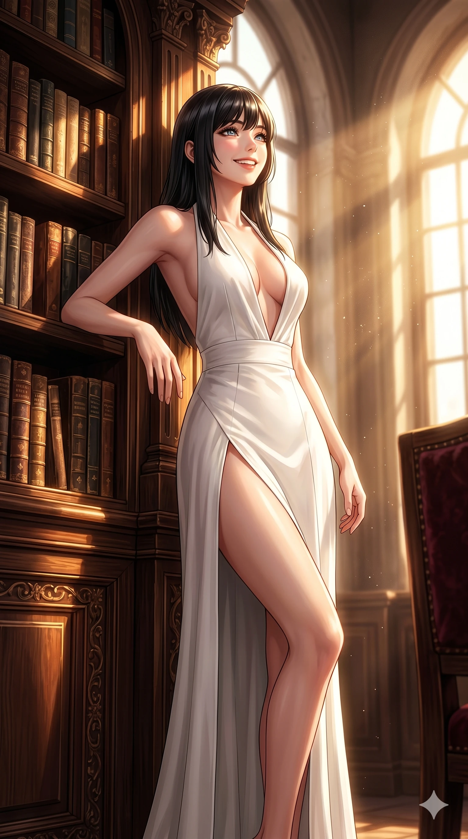 score_9, masterpiece, best quality, ultra-detailed, high-budget anime keyframe, editorial fashion photography, tasteful artistic composition, Caucasian woman, strictly human ears. cowboy shot from the thighs up, character and outfit filling the frame for maximum editorial presence. looking up with a happy, beaming expression, her eyes glowing with joy leaning against a tall wooden bookcase in an old monastery library. She has an absolutely perfect 8-heads proportion, an exceptionally tall and slender female figure with impossibly long slender legs and an ultra-slim waist. V-shaped jawline, high-bridge nose, intricate jewel-like eyes with depth, thick eyelashes, glossy lips with a natural sheen. wearing a white halter dress with a plunging collar line and a high front slit. drenched in brilliant morning sunshine that makes the wooden library glow warmly. 2k, ultra detail, master piece, 9:16 ratio