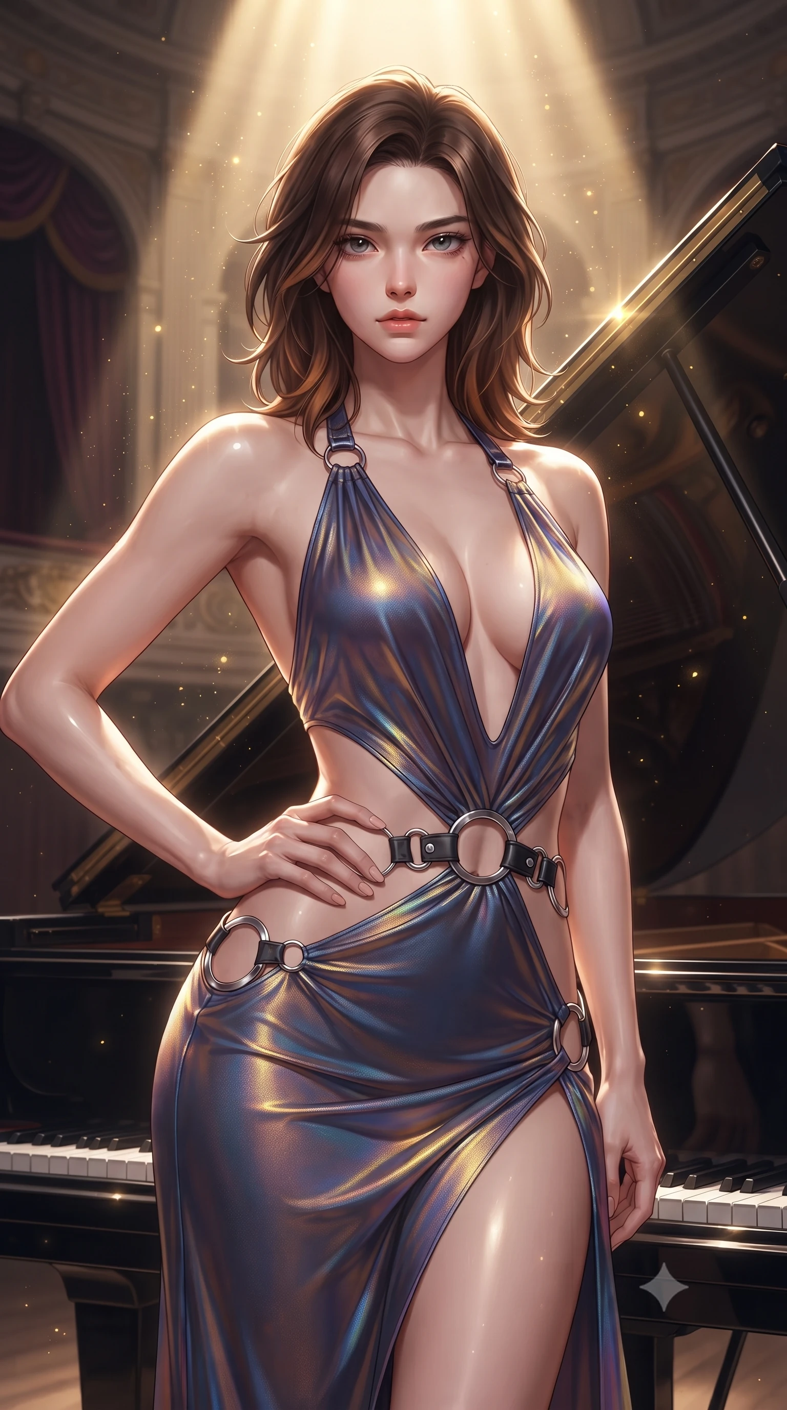 score_9, masterpiece, best quality, ultra-detailed, high-budget anime keyframe, editorial fashion photography, tasteful artistic composition, Korean woman. close-up cowboy shot from the waist and thighs up, the character dominates the composition, filling the frame with her large presence, background elements kept in soft focus. Holding a confident power pose with one hand on her hip, gazing directly into the camera with quiet intensity resting against the open lid of a grand piano as golden stage light traces her form, golden dust particles dancing gracefully in the beam of key light. She has an exceptionally elegant, slender, and willowy female figure with an ultra-slim waist, a gracefully sculpted slender torso, and a refined silhouette. sharp v-shaped jawline, high-bridge nose, intricate jewel-like eyes with depth, thick eyelashes, glossy lips with a natural sheen. wearing a deep-scoop halter bodycon dress with hip cutouts connected by silver rings in matte black and polished silver, crafted from iridescent chiffon that shifts colors in the light, accented with delicate chrome ring hardware framing her waist, the elegant draped fit framing her graceful clavicle and slender torso. surrounded by an elegant, high-contrast performance atmosphere. ultra-reflective glossy finish, specular highlights, metallic sheen, high-contrast stereoscopic depth, volumetric dynamic lighting, 2k, ultra detail, master piece, 9:16 ratio