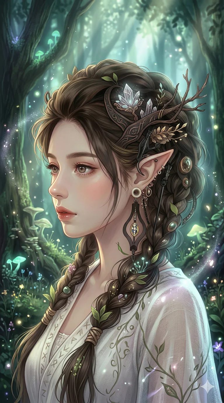 이 캐릭터를 고퀄리티 일러스트레이션 스타일의 요정(Elf)으로 변환해줘. 신비롭고 청순한 미모를 극대화하고 숲속의 몽환적인 빛을 추가해줘, 2k, ultra detail, master piece, 9:16 ratio
