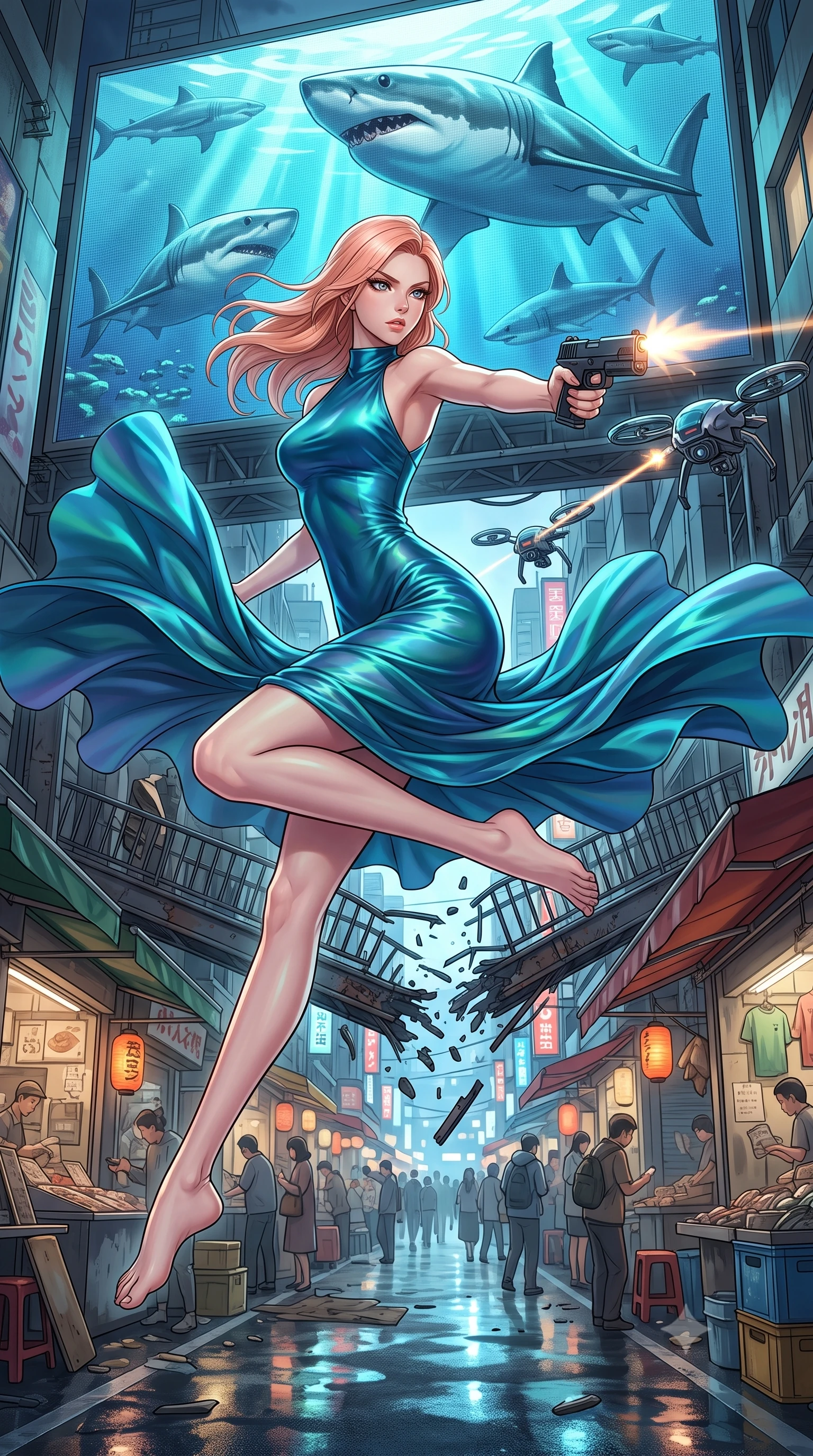 score_9, masterpiece, best quality, ultra-detailed, high-budget anime keyframe, editorial fashion photography, tasteful artistic composition, Japanese woman. low angle full-body shot from head to toe showing her feet, filling the entire 9:16 vertical frame with her statuesque presence, stretching her vertical silhouette. leaping dynamically off a collapsing sky-bridge while firing back at security drones through a crowded alley market under a giant virtual aquarium billboard projecting giant sharks over wet streets. She has a statuesque 8.5-heads proportion, an exceptionally tall, slender and willowy model-like build with impossibly long legs and a highly sculpted ultra-slim waist. sharp v-shaped jawline, high-bridge nose, intricate jewel-like eyes with depth, thick eyelashes, glossy lips with a natural sheen. wearing the lightweight fabric rippling and billowing dramatically with her movement, a slim-fit form-fitting high-neck dress in iridescent peacock-blue silk, contouring her athletic, slender build with sleek lines. highly saturated vibrant anime colors, intense vivid color palette, soft 3D volumetric shading, volumetric dynamic lighting, shifting aqua light from the overhead shark projection reflecting on wet asphalt. 2k, ultra detail, master piece, 9:16 ratio