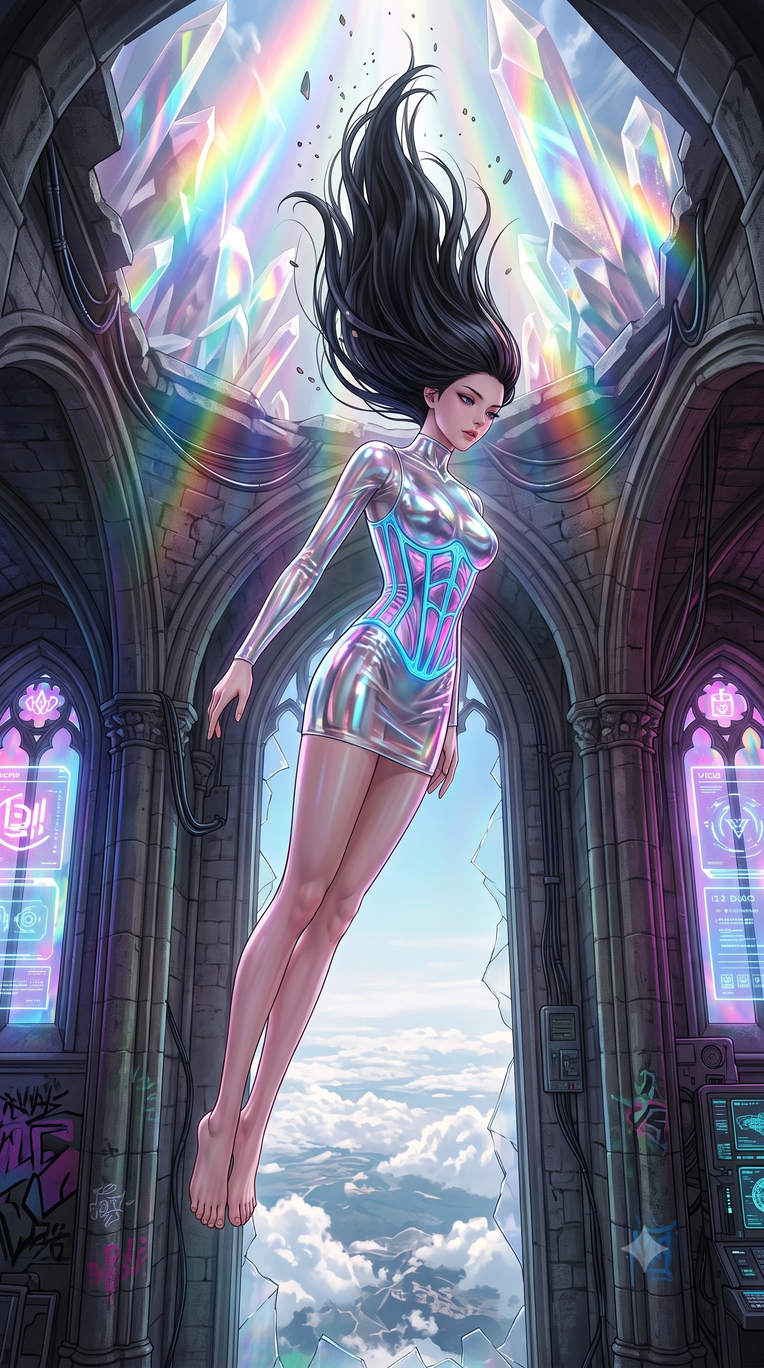 score_9, masterpiece, best quality, ultra-detailed, high-budget anime keyframe, editorial fashion photography, tasteful artistic composition, Korean woman. low angle full-body shot from head to toe showing her feet, filling the entire 9:16 vertical frame with her statuesque presence, stretching her vertical silhouette. leaping off a launching drop-ship, diving headfirst toward the cloud tops of an alien world through a gothic church transformed into a tech-gang hideout, with holograms replacing stained glass windows. She has a statuesque 8.5-heads proportion, an exceptionally tall, slender and willowy model-like build with impossibly long legs and a highly sculpted ultra-slim waist. sharp v-shaped jawline, high-bridge nose, intricate jewel-like eyes with depth, thick eyelashes, glossy lips with a natural sheen. wearing catching and diffusing the glowing particles, shimmering softly in response to the surrounding light, a slim-fit transparent liquid-mercury mini dress with a visible neon corset interior structure, showing her slender waist. highly saturated vibrant anime colors, intense vivid color palette, soft 3D volumetric shading, volumetric dynamic lighting, cascading rainbow prismatic light refracting through crystal formations overhead. 2k, ultra detail, master piece, 9:16 ratio