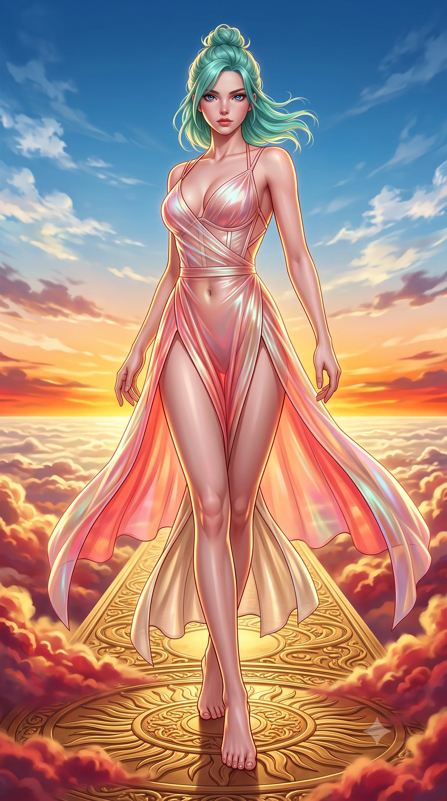 score_9, masterpiece, best quality, ultra-detailed, high-budget anime keyframe, semi-realistic 3D game render, editorial fashion photography, tasteful artistic composition, Japanese woman. low angle full-body shot from head to toe showing her feet, filling the entire 9:16 vertical frame with her statuesque presence, stretching her vertical silhouette. pivoting dynamically in mid-motion with a breathtakingly alluring posture, displaying her flawless model proportions and ultra-slim waist while pivoting dynamically on a floating golden sun-disc runway as crimson and gold sunrise clouds swirl beneath her feet. The surrounding environment is rendered in vivid detail and crisp panoramic clarity. intricate carved gold sun-disc reliefs, sharp cloud-top vapor textures, and burning horizon gradients in deep focus. She has an absolutely perfect, statuesque 8.5-heads proportion, an exceptionally tall and slender model-like female figure with impossibly long slender legs, a toned flat midriff, and an ultra-slim waist. sharp v-shaped jawline, high-bridge nose, intricate jewel-like eyes with depth, thick eyelashes, glossy lips with a natural sheen, flawlessly proportioned anatomical accuracy, strict slender model proportions, natural body alignment, perfectly sculpted long slender limbs, ultra-slim waistline, clean dynamic posture without body distortion. wearing a translucent iridescent organza wrap dress with structured bustier boning, plunging neckline, and high-cut dual leg slits in radiant coral pink and champagne ivory, made of liquid metal jersey that clings flawlessly to every contour of her build, complemented by criss-cross back straps highlighting her completely bare spine, the sleek second-skin cut tightly hugging her graceful clavicle, narrow waist, and feminine curves with athletic precision. illuminated by crisp golden rim highlights sharply tracing her ultra-slim waist, long legs, and flat midriff. highly saturated vibrant anime colors, detailed shading with soft gradients, rich glossy textures, high-contrast stereoscopic depth, volumetric dynamic lighting, master piece, 9:16 ratio