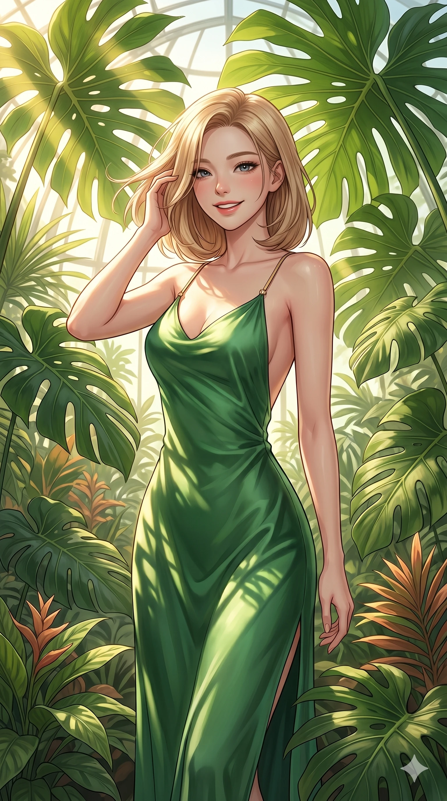 score_9, masterpiece, best quality, ultra-detailed, high-budget anime keyframe, editorial fashion photography, tasteful artistic composition, Korean woman. cowboy shot from the thighs up, character and outfit filling the frame for maximum editorial presence. smiling happily, one hand brushing back her hair in the warm breeze inside a botanic dome filled with giant tropical philodendrons. She has an absolutely perfect 8-heads proportion, an exceptionally tall and slender female figure with impossibly long slender legs and an ultra-slim waist. V-shaped jawline, high-bridge nose, intricate jewel-like eyes with depth, thick eyelashes, glossy lips with a natural sheen. wearing a green silk slip dress with an open-back design and delicate gold straps. bathed in bright afternoon sunbeams filtering through the massive green leaves. 2k, ultra detail, master piece, 9:16 ratio