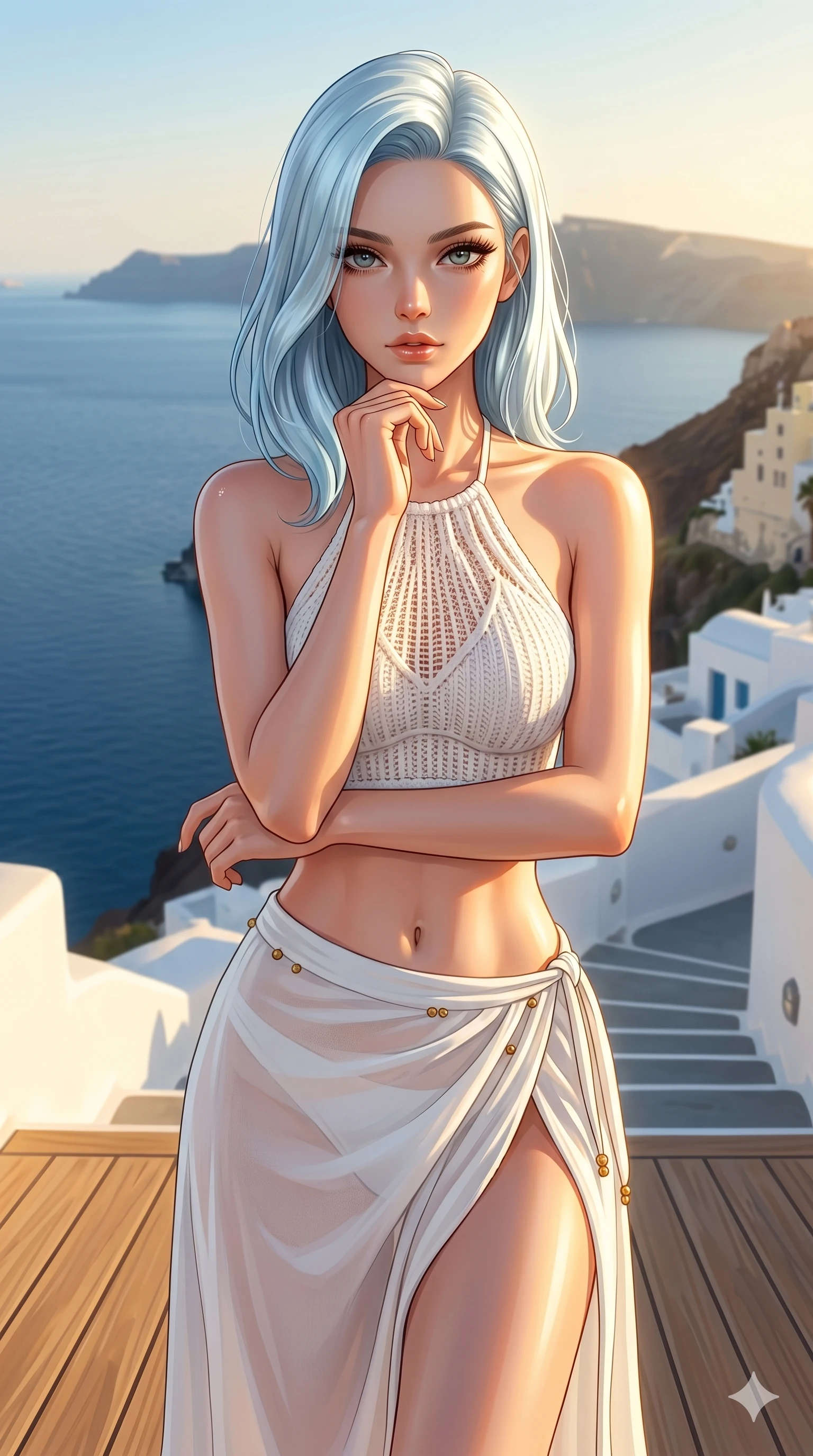 score_9, masterpiece, best quality, ultra-detailed, high-budget anime keyframe, editorial fashion photography, tasteful artistic composition, Korean woman. cowboy shot from the thighs up, character and outfit filling the frame for maximum editorial presence. resting her chin on her fingers, looking directly into the lens with a piercing, mysterious gaze on a private teak sun-deck of a cliffside villa in Santorini, overlooking the calm Aegean sea (Code-P018). She has an absolutely perfect 8-heads proportion, an exceptionally tall and slender female figure with impossibly long slender legs and an ultra-slim waist. V-shaped jawline, high-bridge nose, intricate jewel-like eyes with depth, thick eyelashes, glossy lips with a natural sheen. wearing a white knit halter top showing her elegant clavicle lines, and a high-slit wrap skirt. drenched in brilliant afternoon sunshine, casting warm rays that trace the curves of her athletic figure. 2k, ultra detail, master piece, 9:16 ratio