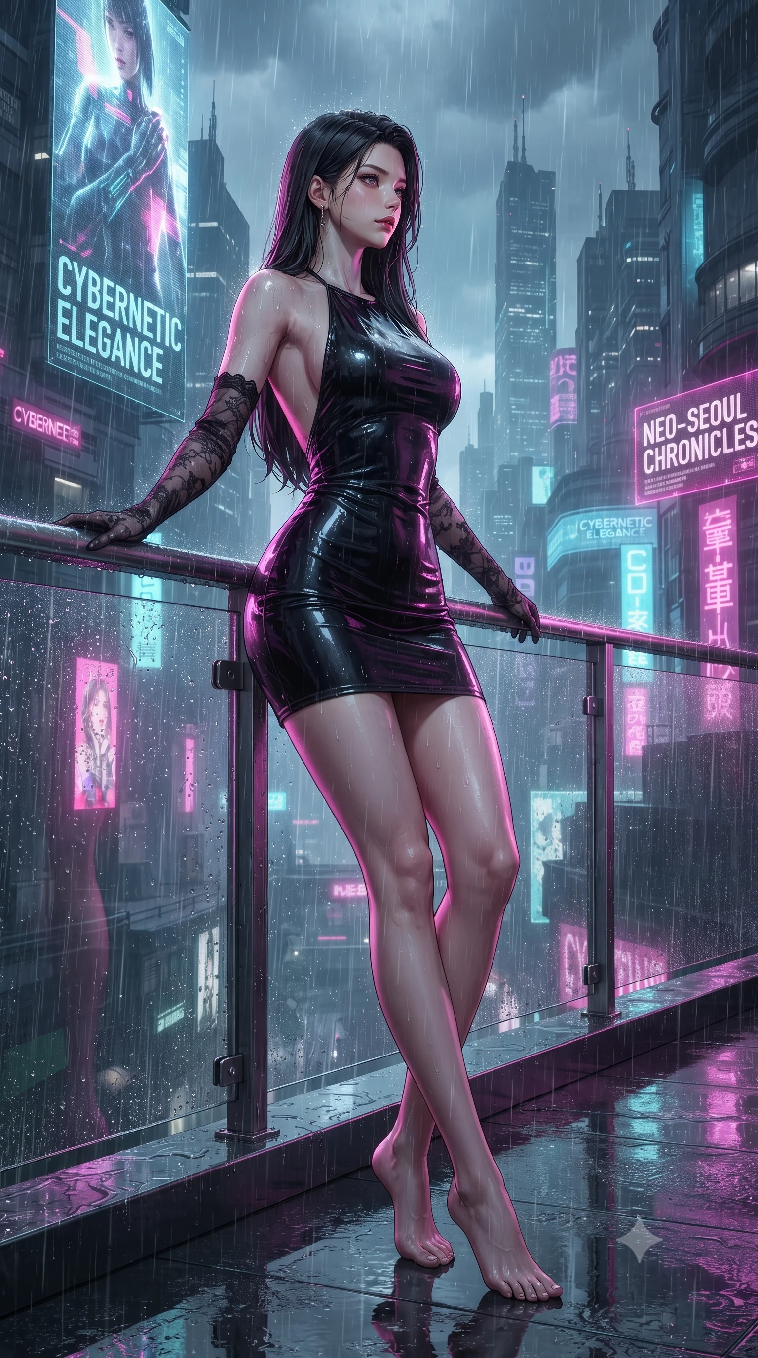 score_9, masterpiece, best quality, ultra-detailed, high-budget anime keyframe, editorial fashion photography, tasteful artistic composition, Korean woman. low angle full-body shot from head to toe showing her feet, filling the entire 9:16 vertical frame with her statuesque presence, stretching her vertical silhouette. leaning deep against the balcony balustrade with hips cocked back in an unapologetically alluring high-fashion stance, casting an intoxicating glance while leaning against the wet glass parapet with hips cocked back, looking through heavy rain toward towering holographic advertisements. The surrounding environment is rendered in vivid detail and crisp panoramic clarity: detailed wet-look high-gloss vinyl bodysuit cling, chrome buckle shine, and futuristic architectural lines in razor-sharp precision. She has an absolutely perfect, statuesque 8.5-heads proportion, an exceptionally tall and slender model-like female figure with impossibly long slender legs, an ultra-slim waist, a flat toned midriff, narrow delicate ribcage, and beautifully sculpted feminine hips creating a graceful, slim hourglass silhouette without any bulky heaviness. sharp v-shaped jawline, high-bridge nose, sparkling eyes with hypnotic seductive depth, thick curled eyelashes, glossy parted lips with a natural dewy peach sheen, alluring bedroom-eyes with an enchanting coquettish smile, exuding magnetic siren charisma and sophisticated glamour, flawlessly proportioned anatomical accuracy, strict slender model proportions, natural body alignment, perfectly sculpted long slender limbs, ultra-slim waistline, clean dynamic posture without body distortion. wearing a slinky backless halterneck column mini dress in shimmering liquid vinyl clinging like a second skin in wet-look onyx black with electric magenta reflections, woven from buttery-soft stretch lambskin leather adhering to her body like a second skin, complemented by sheer opera-length lace evening gloves tracing her slender arms, the high-slit wrap tailoring accentuating her ultra-slim waistline and the enchanting curve of her feminine hips with alluring seductive charm. illuminated by wet floor specular reflections and sharp magenta-cyan rim lights sculpting her razor-sharp jawline, narrow waist, and curvy hips. ultra-reflective glossy finish, specular highlights, rich textural contrasts, high-contrast stereoscopic depth, volumetric dynamic lighting, 2k, ultra detail, master piece, 9:16 ratio