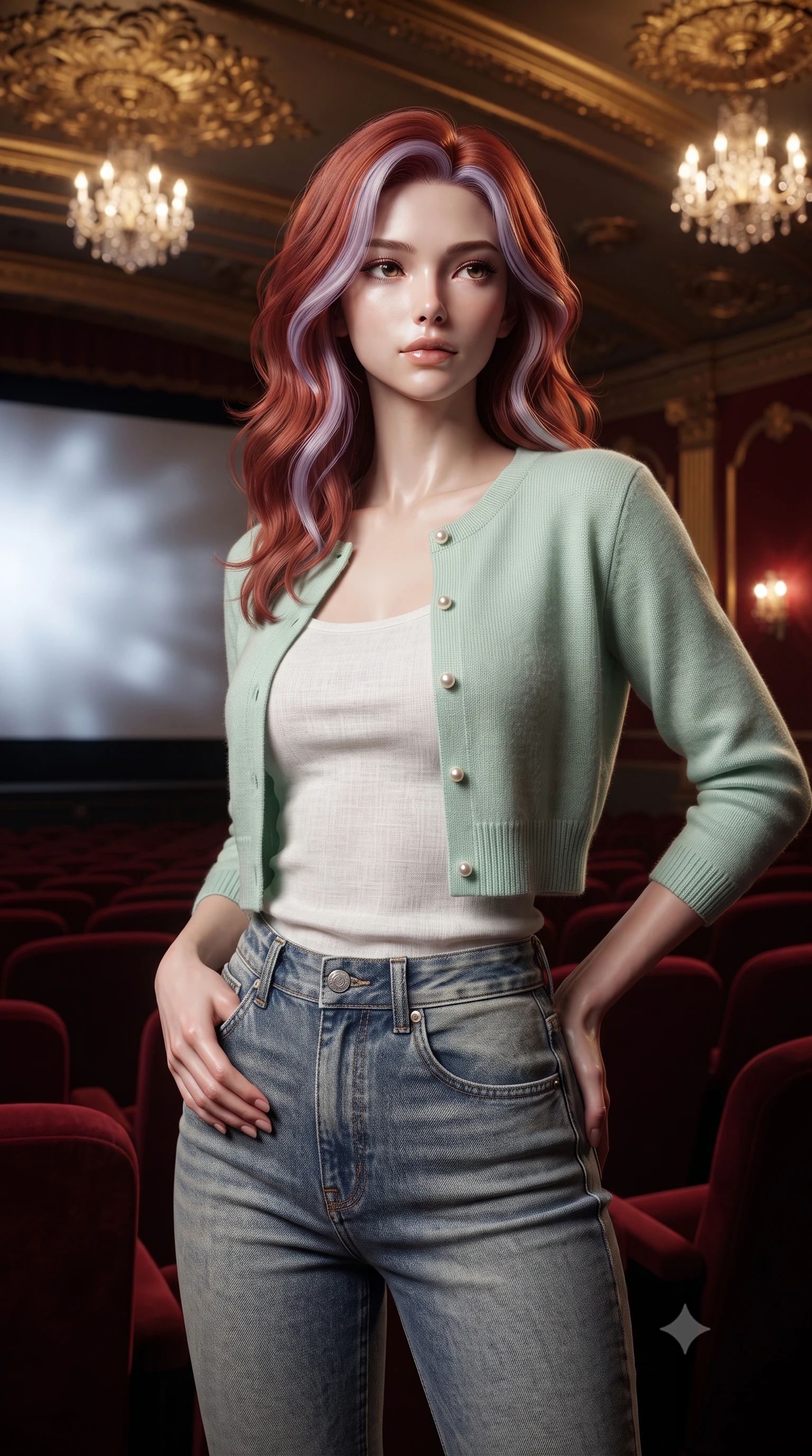 score_9, masterpiece, best quality, ultra-detailed, high-budget anime keyframe, editorial fashion photography, tasteful artistic composition, Caucasian woman, strictly human ears. close-up cowboy shot from the waist and thighs up, the character dominates the composition, filling the frame with her large presence, background elements kept in soft focus. Gazing past the camera with an air of effortless superiority. set against a soft-focus background of inside a magnificently restored 1930s movie palace with deep red velvet seats ornate gold leaf ceiling decorations crystal chandeliers and the silver screen casting a ghostly white glow across the empty auditorium. She has an exceptionally elegant and slender, willowy female figure with an ultra-slim waist, a gracefully sculpted slender torso, and a refined slim physique. sharp v-shaped jawline, high-bridge nose, intricate jewel-like eyes with depth, thick eyelashes, glossy lips with a natural sheen. wearing a pastel mint green cropped cardigan over a white linen top, paired with high-waisted washed blue jeans. warm golden light from the ornate ceiling fixtures and wall sconces with cool silver-white light from the cinema screen creating dramatic warm-cool contrast across the red velvet interior. 2k, ultra detail, master piece, 9:16 ratio