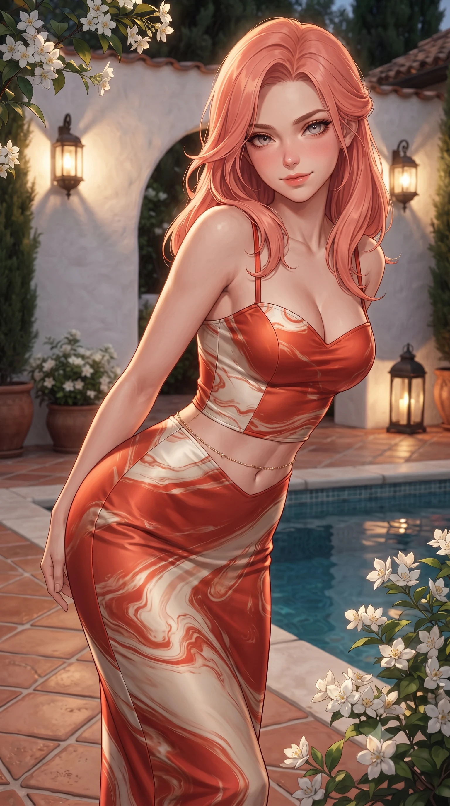 score_9, masterpiece, best quality, ultra-detailed, high-budget anime keyframe, editorial fashion photography, tasteful artistic composition, Japanese woman. close-up cowboy shot from the waist and thighs up, the character dominates the composition, filling the frame with her large presence. leaning forward while arching her lower back to accentuate her curvy hips, looking into the camera with an intoxicating smoldering gaze and bedroom-eyes while twisting her slender torso in an alluring contrapposto stance beside the private plunge pool, cypress tree shadows tracing her narrow waist and hips. The surrounding environment is rendered in vivid detail and crisp panoramic clarity: sharp hand-laid terracotta tile floor texture, whitewashed stucco wall grain, and blooming white jasmine flower clusters in deep focus. She has an exceptionally elegant, slender, and willowy female figure with an ultra-slim waist, flat toned midriff, narrow ribcage, and sculpted feminine hips creating an alluring, slim hourglass silhouette without bulk. sharp v-shaped jawline, high-bridge nose, intricate jewel-like sparkling eyes with depth, thick eyelashes, glossy parted lips with a natural peach sheen, bright cheerful beaming smile with an enchanting and coquettish sensual glint, exuding both youthful cute charm and seductive allure, flawlessly proportioned anatomical accuracy, strict slender model proportions, natural body alignment, perfectly sculpted long slender limbs, ultra-slim waistline, clean dynamic posture without body distortion. wearing a body-contouring dense bandage knit pencil dress with sweetheart neckline in Cordoba vermilion red and ivory alabaster marble, crafted from fluid liquid silk satin that clings smoothly to her narrow waist and rounded hips with a dewy sheen, accented with a dainty gold belly chain resting across her flat midriff and curving hips, the glove-like clinging cut tightly following the natural contour of her hips and long slender legs with youthful 8.5-heads elegance. bathed in the warm 2500K glow of outdoor wrought-iron lanterns mixed with golden Alhambra fortress floodlight wash. ultra-reflective glossy finish, specular highlights, rich textural contrasts, high-contrast stereoscopic depth, volumetric dynamic lighting, 2k, ultra detail, master piece, 9:16 ratio