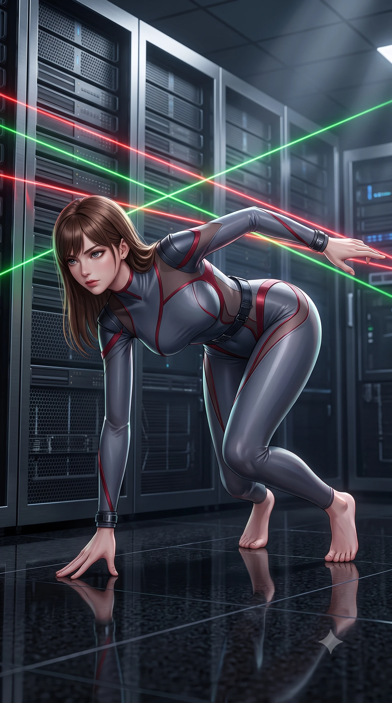score_9, masterpiece, best quality, ultra-detailed, high-budget anime keyframe, semi-realistic 3D game render, editorial fashion photography, tasteful artistic composition, Korean woman. low angle full-body shot from head to toe showing her feet, filling the entire 9:16 vertical frame with her statuesque presence, stretching her vertical silhouette. landing lightly on the balls of her feet in a balanced kinetic stance, eyes locked onto the camera with fearless allure while pivoting dynamically across the polished black granite floor, one hand planted as lasers criss-cross inches above her back. The surrounding environment is rendered in vivid detail and crisp panoramic clarity. sharp laser beam focus points, brushed dark titanium server rack grilles, and granite floor reflections in deep focus. She has an absolutely perfect, statuesque 8.5-heads proportion, an exceptionally tall and slender model-like female figure with impossibly long slender legs, a toned flat midriff, and an ultra-slim waist. sharp v-shaped jawline, high-bridge nose, intricate jewel-like eyes with depth, thick eyelashes, glossy lips with a natural sheen, captivating and magnetic expression, flawlessly proportioned anatomical accuracy, strict slender model proportions, natural body alignment, perfectly sculpted long slender limbs, ultra-slim waistline, clean dynamic posture without body distortion. wearing a sharp asymmetrical spy bodysuit with sheer contouring mesh panels, reinforced strike shoulders, and utility waist harness in storm grey and dark scarlet trim, made of high-mobility liquid jersey and semi-opaque reinforced mesh, accented with concealed lockpick wristbands and polished dark chrome hardware edition #20, the breezy yet form-flattering drape swaying gracefully with her steps, accentuating her long willowy limbs and slim waistline. illuminated by crisp directional rim lighting sharply carving her ultra-slim waist and sculpted silhouette. highly saturated vibrant anime colors, detailed shading with soft gradients, rich glossy textures, high-contrast stereoscopic depth, volumetric dynamic lighting, master piece, 9:16 ratio