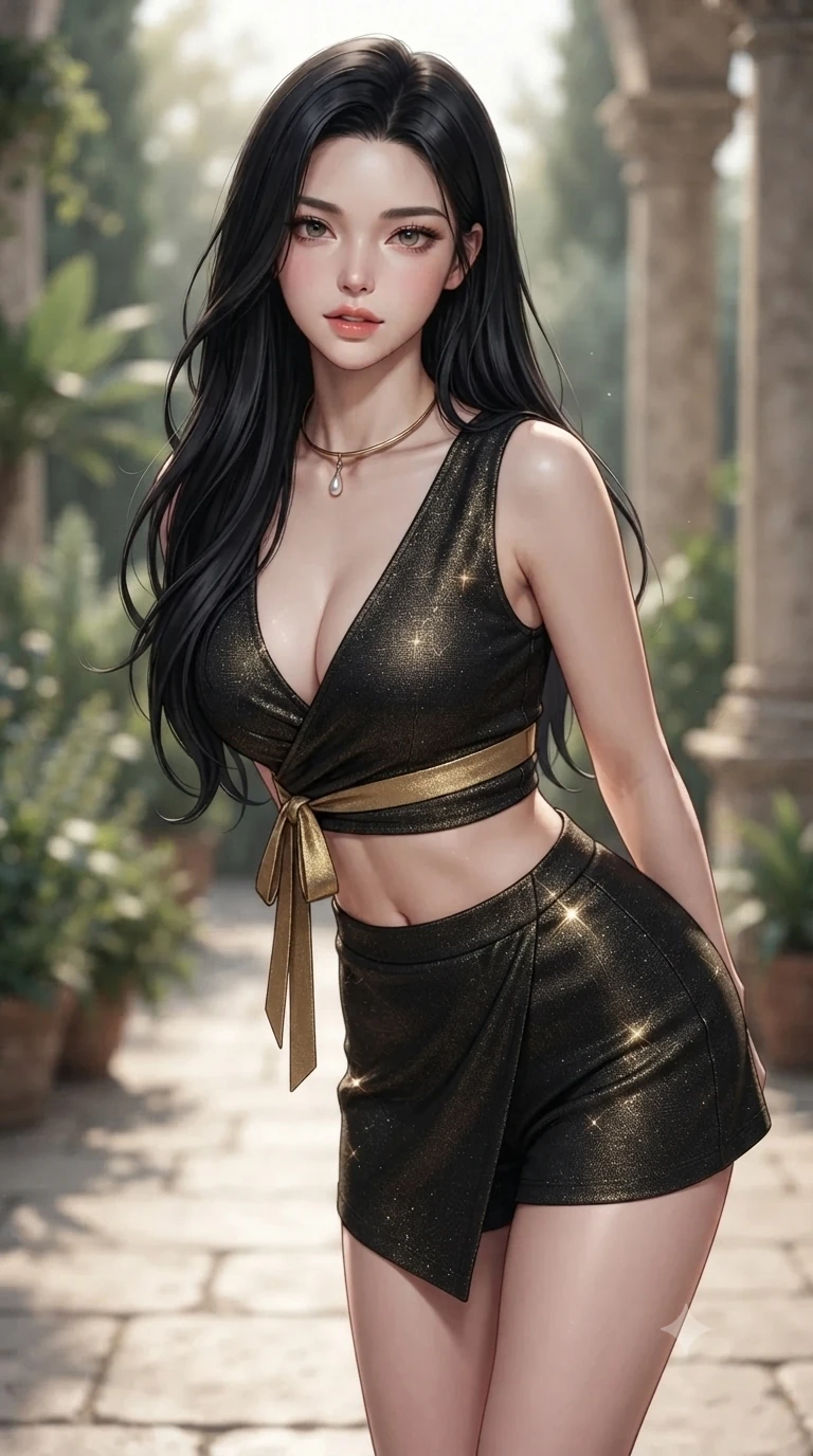 score_9, masterpiece, best quality, ultra-detailed, high-budget anime keyframe, editorial fashion photography, tasteful artistic composition, Korean woman. close-up cowboy shot from the waist and thighs up, the character dominates the composition, filling the frame with her large presence. leaning forward while arching her lower back to accentuate her curvy hips, looking into the camera with an intoxicating smoldering gaze and bedroom-eyes while walking slowly along the paved limestone gallery with hypnotic grace, hips swaying in an alluring supermodel rhythm. The background shows a soft-focus exclusive Mediterranean botanical pavilion softened in garden shallow focus. She has an exceptionally elegant, slender, and willowy female figure with an ultra-slim waist, flat toned midriff, narrow ribcage, and sculpted feminine hips creating an alluring, slim hourglass silhouette without bulk. sharp v-shaped jawline, high-bridge nose, sparkling eyes with hypnotic seductive depth, thick curled eyelashes, glossy parted lips with a natural dewy peach sheen, alluring bedroom-eyes with an enchanting coquettish smile, exuding magnetic siren charisma and sophisticated glamour, flawlessly proportioned anatomical accuracy, strict slender model proportions, natural body alignment, perfectly sculpted long slender limbs, ultra-slim waistline, clean dynamic posture without body distortion. wearing a deep V-neck linen crop top paired with high-waisted wrap shorts and a matching sash in dual-tone high-contrast gold-and-black monochrome, woven from stretch metallic lurex jersey casting radiant starlight glints across her silhouette, finished with a minimalist gold choker and a single teardrop pearl pendant, the second-skin tailored fabric adhering flawlessly to her sculpted flat midriff and slender torso, emphasizing her long leg lines and perfectly proportioned willowy build. illuminated by limestone flagstone bounce and sharp silver-olive rim lights sculpting her razor-sharp jawline, narrow waist, and curvy hips. ultra-reflective glossy finish, specular highlights, rich textural contrasts, high-contrast stereoscopic depth, volumetric dynamic lighting, 2k, ultra detail, master piece, 9:16 ratio