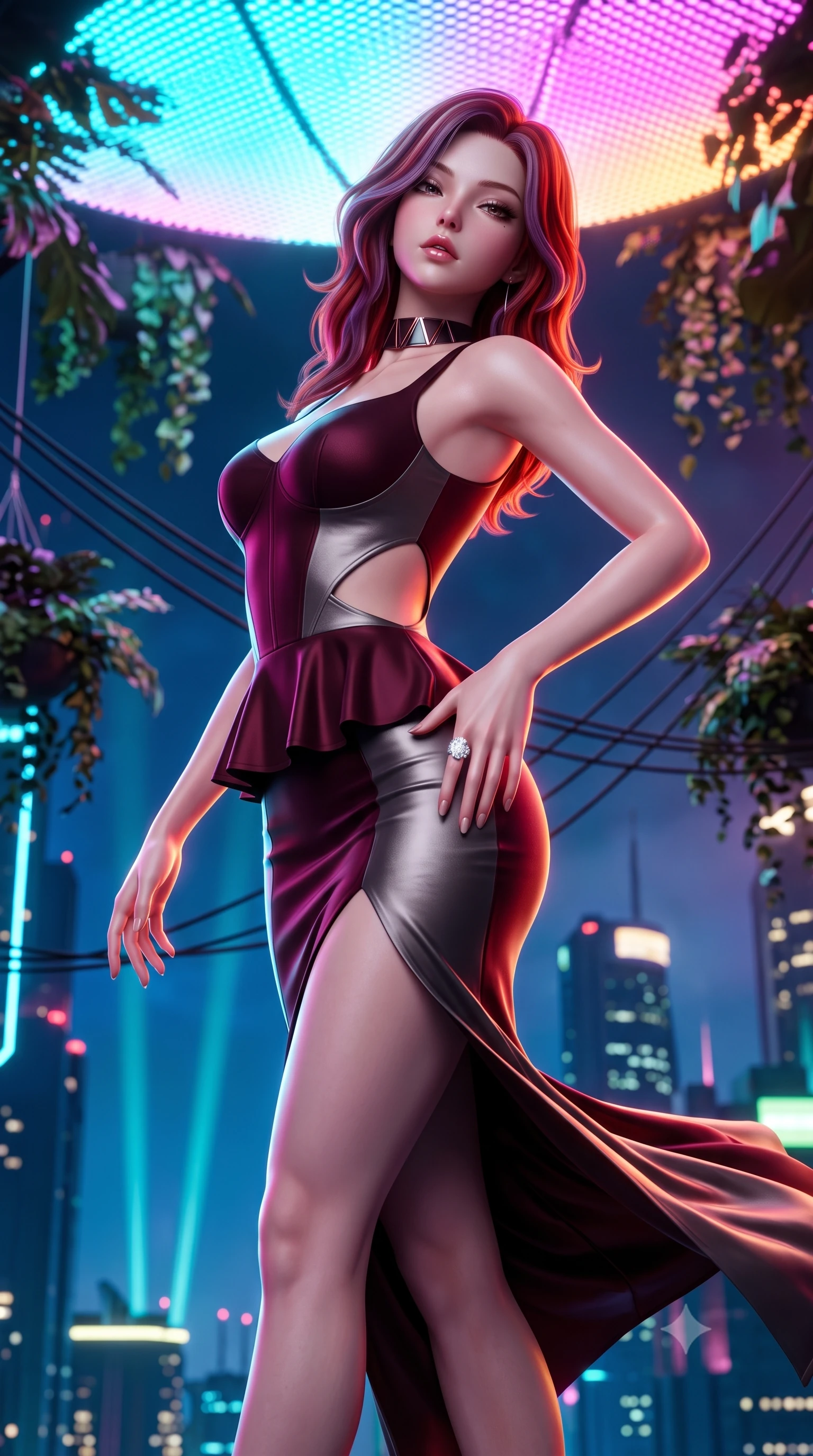 score_9, masterpiece, best quality, ultra-detailed, high-budget anime keyframe, semi-realistic 3D game render, editorial fashion photography, tasteful artistic composition, Caucasian woman. close-up cowboy shot from the waist and thighs up, the character dominates the composition, filling the frame with her large presence. arching her spine backward with effortless dancer poise, one hand sliding along her hip line as directional light carves specular highlights along her silhouette while executing an elegant mid-motion turn as night winds whip her high-slit dress, her statuesque vertical presence dominating the futuristic panorama. The composition keeps background elements in soft focus with creamy bokeh. floating botanical canopy foliage and suspension cable lines softened in cinematic shallow depth of field. She has an exceptionally elegant, slender, and willowy female figure with an ultra-slim waist, flat toned midriff, narrow ribcage, and sculpted feminine hips creating an alluring, slim hourglass silhouette without bulk. sharp v-shaped jawline, high-bridge nose, intricate jewel-like eyes with depth, thick eyelashes, glossy parted lips with a natural sheen, intensely captivating and seductive bedroom-eyes expression, flawlessly proportioned anatomical accuracy, strict slender model proportions, natural body alignment, perfectly sculpted long slender limbs, ultra-slim waistline, clean dynamic posture without body distortion. wearing a modern peplum corset dress with side-waist diamond cutouts and an ultra-tight silhouette in deep wine burgundy and brushed dark platinum, tailored from liquid silk jersey adhering flawlessly to her slender build, complemented by a bold geometric choker and sparkling cocktail ring, the form-contouring material adhering flawlessly to her sculpted flat midriff and slender torso, emphasizing her long leg lines and perfectly proportioned willowy build. bathed in dynamic color-shifting LED canopy lights from above and ambient city skyline uplights. highly saturated vibrant anime colors, detailed shading with soft gradients, rich glossy textures, high-contrast stereoscopic depth, volumetric dynamic lighting, master piece, 9:16 ratio