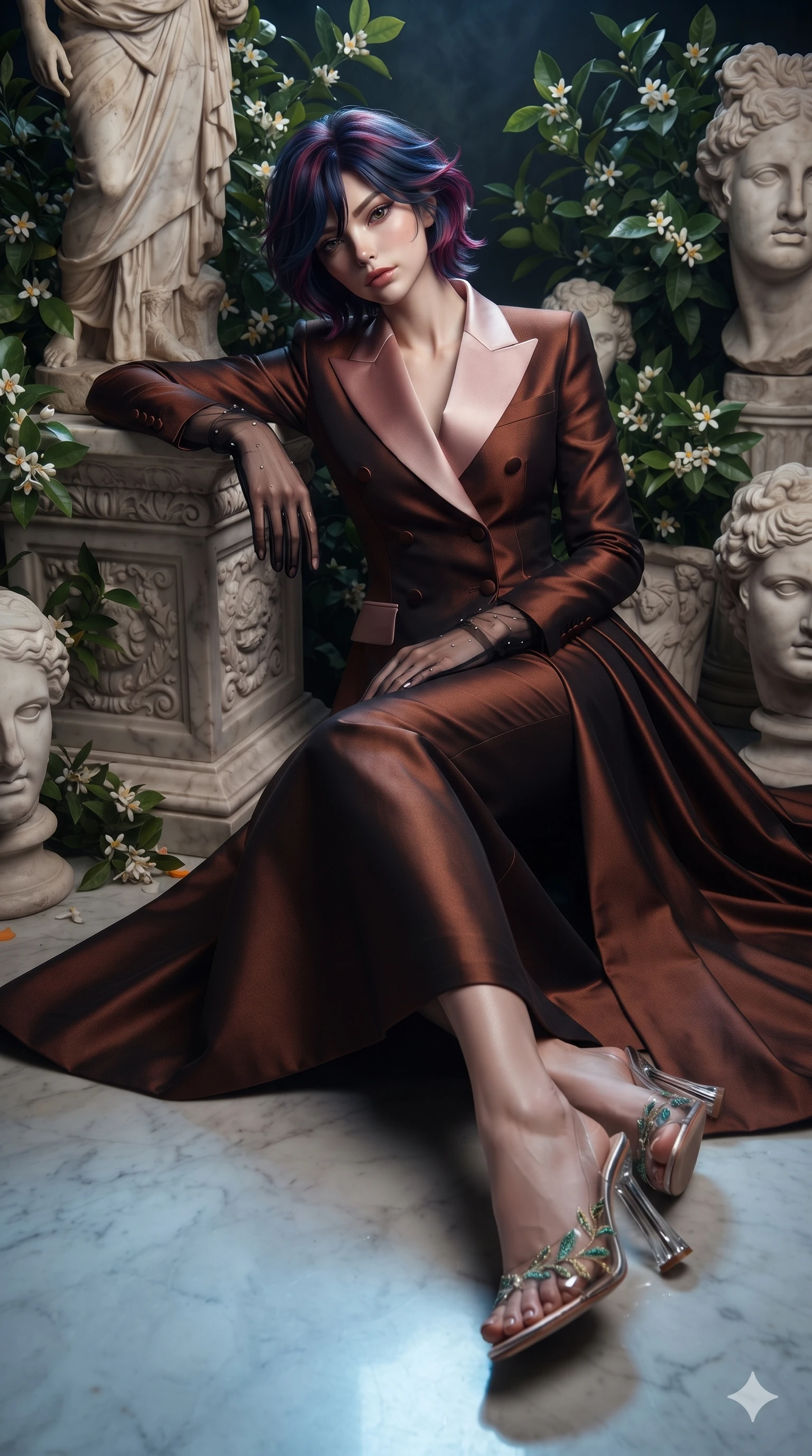 score_9, masterpiece, best quality, ultra-detailed, high-budget anime keyframe, editorial fashion photography, tasteful artistic composition, Korean woman. low angle full-body shot from head to toe showing her feet, filling the entire 9:16 vertical frame with her statuesque presence, stretching her vertical silhouette. reclining on her side in an elegant Cleopatra pose with one knee drawn up, the dramatic contour of her rounded hips and long slender legs commanding the 9:16 vertical frame while leaning against a carved marble statue pedestal with hips cocked back, gazing through fragrant orange blossoms with smoldering eyes. The surrounding environment is rendered in vivid detail and crisp panoramic clarity: sharp marble bust facial carvings, waxy green citrus leaves, and crisp wrought-iron window frames in deep focus. She has an exceptionally tall and slender model-like 8.5-heads proportion, an ultra-slim waist, a flat toned midriff, narrow delicate ribcage, and beautifully sculpted feminine hips creating a graceful, slim hourglass silhouette without any bulky heaviness, with impossibly long slender legs. sharp v-shaped jawline, high-bridge nose, intricate jewel-like sparkling eyes with depth, thick eyelashes, glossy parted lips with a natural sheen, intensely captivating and seductive bedroom-eyes expression, exuding both youthful cute charm and sovereign luxury allure, flawlessly proportioned anatomical accuracy, strict slender model proportions, natural body alignment, perfectly sculpted long slender limbs, ultra-slim waistline, clean dynamic posture without body distortion. wearing a tailored double-breasted tuxedo evening dress with structured satin lapels and subtle silver pinstripes in rose-quartz blush and burnished copper, tailored from heavy double-faced silk georgette with an exceptionally fluid drape, complemented by sheer opera-length evening gloves tracing her slender arms, the bespoke structured tailoring following the natural line of her 8.5-heads silhouette with refined elegance. illuminated by polished limestone floor reflections and sharp emerald-gold rim lights sculpting her razor-sharp jawline, narrow waist, and curvy hips. ultra-reflective glossy finish, specular highlights, rich textural contrasts, high-contrast stereoscopic depth, volumetric dynamic lighting, 2k, ultra detail, master piece, 9:16 ratio
