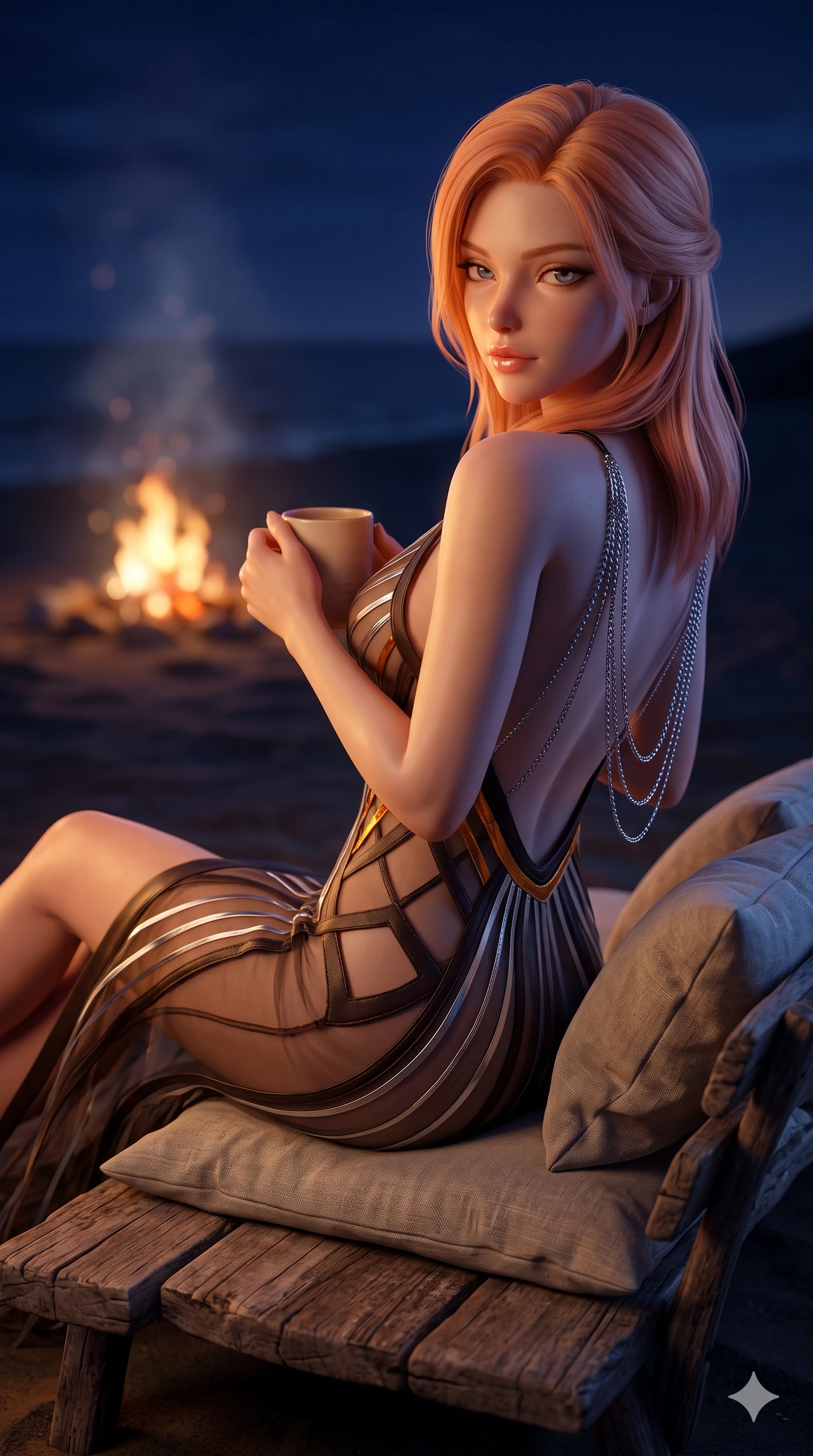 score_9, masterpiece, best quality, ultra-detailed, high-budget anime keyframe, semi-realistic 3D game render, editorial fashion photography, tasteful artistic composition, Japanese woman. close-up cowboy shot from the waist and thighs up, the character dominates the composition, filling the frame with her large presence. posing in an alluring rear three-quarter angle, looking over a bare shoulder with parted glossy lips, her hips cocked back to highlight her slim hourglass curve while lounging languidly across a low driftwood bench cushioned with linen pillows, holding a warm mug while gazing into the camera with bedroom-eyes. The background shows a soft-focus romantic beach campfire atmosphere softened in midnight shoreline shallow focus. She has an exceptionally elegant, slender, and willowy female figure with an ultra-slim waist, flat toned midriff, narrow ribcage, and sculpted feminine hips creating an alluring, slim hourglass silhouette without bulk. sharp v-shaped jawline, high-bridge nose, sparkling eyes with hypnotic seductive depth, thick curled eyelashes, glossy parted lips with a natural dewy peach sheen, alluring bedroom-eyes with an enchanting coquettish smile, exuding magnetic siren charisma and sophisticated glamour, flawlessly proportioned anatomical accuracy, strict slender model proportions, natural body alignment, perfectly sculpted long slender limbs, ultra-slim waistline, clean dynamic posture without body distortion. wearing a plunge-front sheer illusion tulle slip dress with liquid platinum ribbon stripes hugging her curves in dark espresso leather and warm amber highlights, adorned with laser-cut diamond side panels revealing teasing glimpses of bare skin, accented with an open-back drape framed by falling strands of delicate chrome chains, the form-contouring cut accentuating her sculpted flat midriff, narrow delicate ribcage, and gracefully curvy hips with intoxicating allure. bathed in the dramatic dual contrast of warm dancing 2000K firelight on her front and cool deep indigo 5000K twilight on her back. highly saturated vibrant anime colors, detailed shading with soft gradients, rich glossy textures, high-contrast stereoscopic depth, volumetric dynamic lighting, master piece, 9:16 ratio