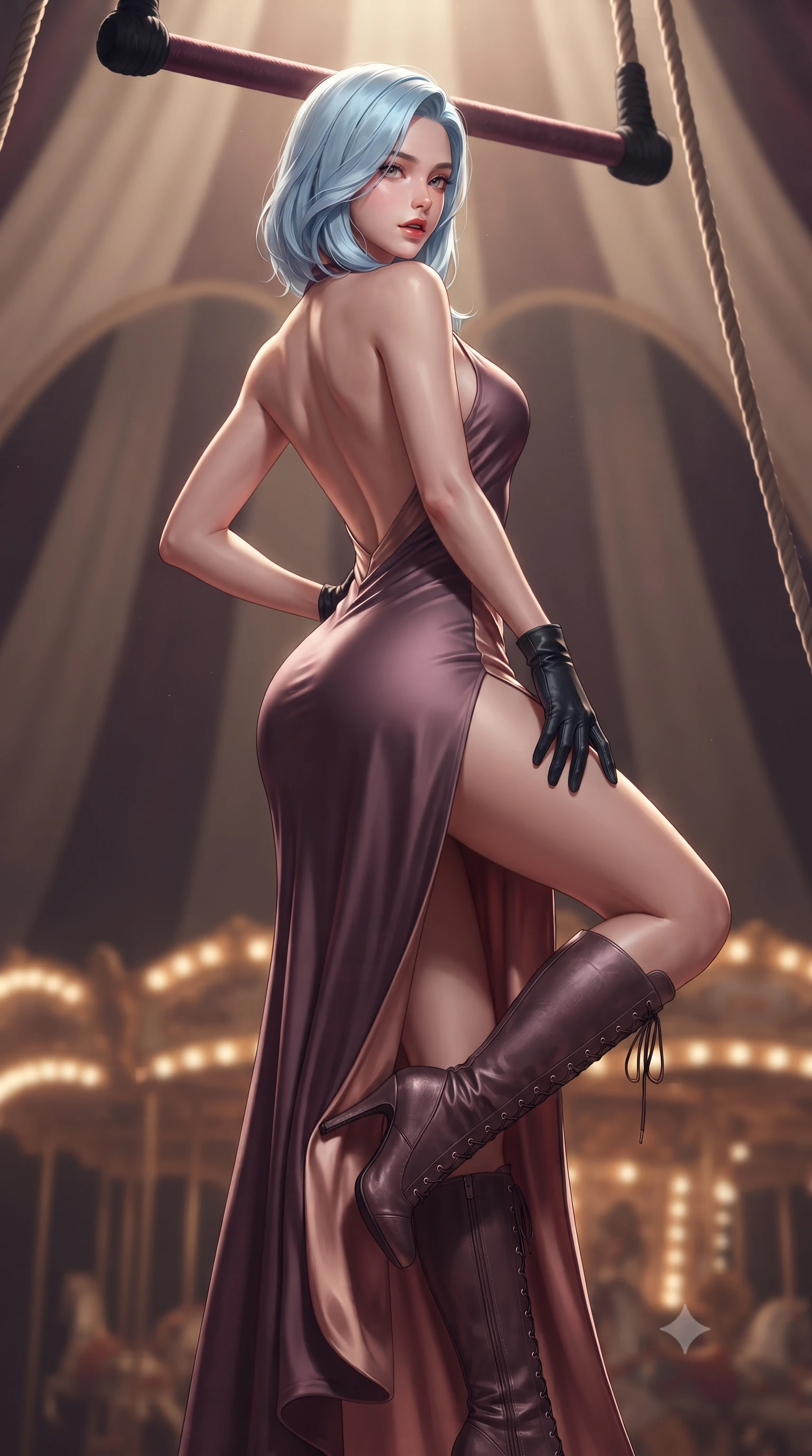 score_9, masterpiece, best quality, ultra-detailed, high-budget anime keyframe, editorial fashion photography, tasteful artistic composition, Korean woman. close-up cowboy shot from the waist and thighs up, the character dominates the composition, filling the frame with her large presence. posing in an alluring rear three-quarter angle, arching her lower back in a pronounced S-curve with one hand on her hip, glancing seductively over her bare shoulder with parted glossy lips while hanging suspended from an aerial velvet trapeze bar, arching her spine in a breathtaking dancer line with one leg extended as spotlights trace her curvy hips. The composition keeps background elements in soft focus with creamy bokeh. looming circus tent canvas arches and velvet rigging ropes softened in theatrical shallow focus. She has an exceptionally elegant, slender, and willowy female figure with an ultra-slim waist, a gracefully sculpted slender torso, toned flat midriff, and rounded feminine hips creating an alluring hourglass silhouette. sharp v-shaped jawline, high-bridge nose, intricate jewel-like eyes with depth, thick eyelashes, glossy parted lips with a natural sheen, intensely captivating and seductive bedroom-eyes expression, flawlessly proportioned anatomical accuracy, strict slender model proportions, natural body alignment, perfectly sculpted long slender limbs, ultra-slim waistline, clean dynamic posture without body distortion. wearing a liquid silk jersey halter gown with an open scooped back descending to her waist and high hip slit in dusky plum violet and antique rose gold, made of flexible compression spandex sculpting her athletic hourglass lines, accessorized with knee-high stiletto lace-up boots and fingerless leather gloves, the form-contouring material adhering flawlessly to her sculpted flat midriff and slender torso, emphasizing her long leg lines and perfectly proportioned willowy build. bathed in dramatic overhead circular spotlight beams and warm golden carousel perimeter glow. ultra-reflective glossy finish, specular highlights, rich textural contrasts, high-contrast stereoscopic depth, volumetric dynamic lighting, 2k, ultra detail, master piece, 9:16 ratio