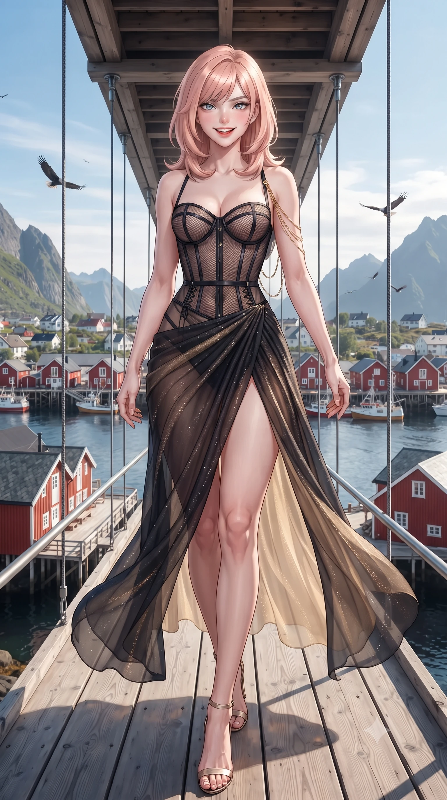 score_9, masterpiece, best quality, ultra-detailed, high-budget anime keyframe, editorial fashion photography, tasteful artistic composition, Japanese woman. low angle full-body shot from head to toe showing her feet, filling the entire 9:16 vertical frame with her statuesque presence, stretching her vertical silhouette. stepping forward in a confident stride, her long slender legs and curvaceous hips creating a dynamic, sweeping vertical line while standing poised on the suspended structural timber walkway high above the harbor town of Svolvær, arching her back with high-fashion ease as sea eagles soar overhead. The surrounding environment is rendered in vivid detail and crisp panoramic clarity: detailed garment cut, bodycon tailoring, and master Nordic engineering in high resolution. She has an exceptionally tall and slender model-like 8.5-heads proportion, an ultra-slim waist, a flat toned midriff, narrow delicate ribcage, and beautifully sculpted feminine hips creating a graceful, slim hourglass silhouette without any bulky heaviness, with impossibly long slender legs. sharp v-shaped jawline, high-bridge nose, intricate jewel-like sparkling eyes with depth, thick eyelashes, glossy parted lips with a natural peach sheen, bright cheerful beaming smile with an enchanting and coquettish sensual glint, exuding both youthful cute charm and seductive allure, flawlessly proportioned anatomical accuracy, strict slender model proportions, natural body alignment, perfectly sculpted long slender limbs, ultra-slim waistline, clean dynamic posture without body distortion. wearing a provocative translucent mesh corset bodice with boned satin channels paired with a sheer chiffon wrap maxi skirt in deep midnight obsidian black and champagne gold, woven from stretch metallic lurex jersey casting radiant starlight glints across her curves, accented with an open-back drape framed by falling strands of delicate gold chains, the bespoke structured tailoring following the natural line of her 8.5-heads silhouette with refined elegance. illuminated by timber deck reflection bounce and sharp gold-and-silver dual rim lights sculpting her jawline, narrow waist, and curvy hips. ultra-reflective glossy finish, specular highlights, rich textural contrasts, high-contrast stereoscopic depth, volumetric dynamic lighting, 2k, ultra detail, master piece, 9:16 ratio
