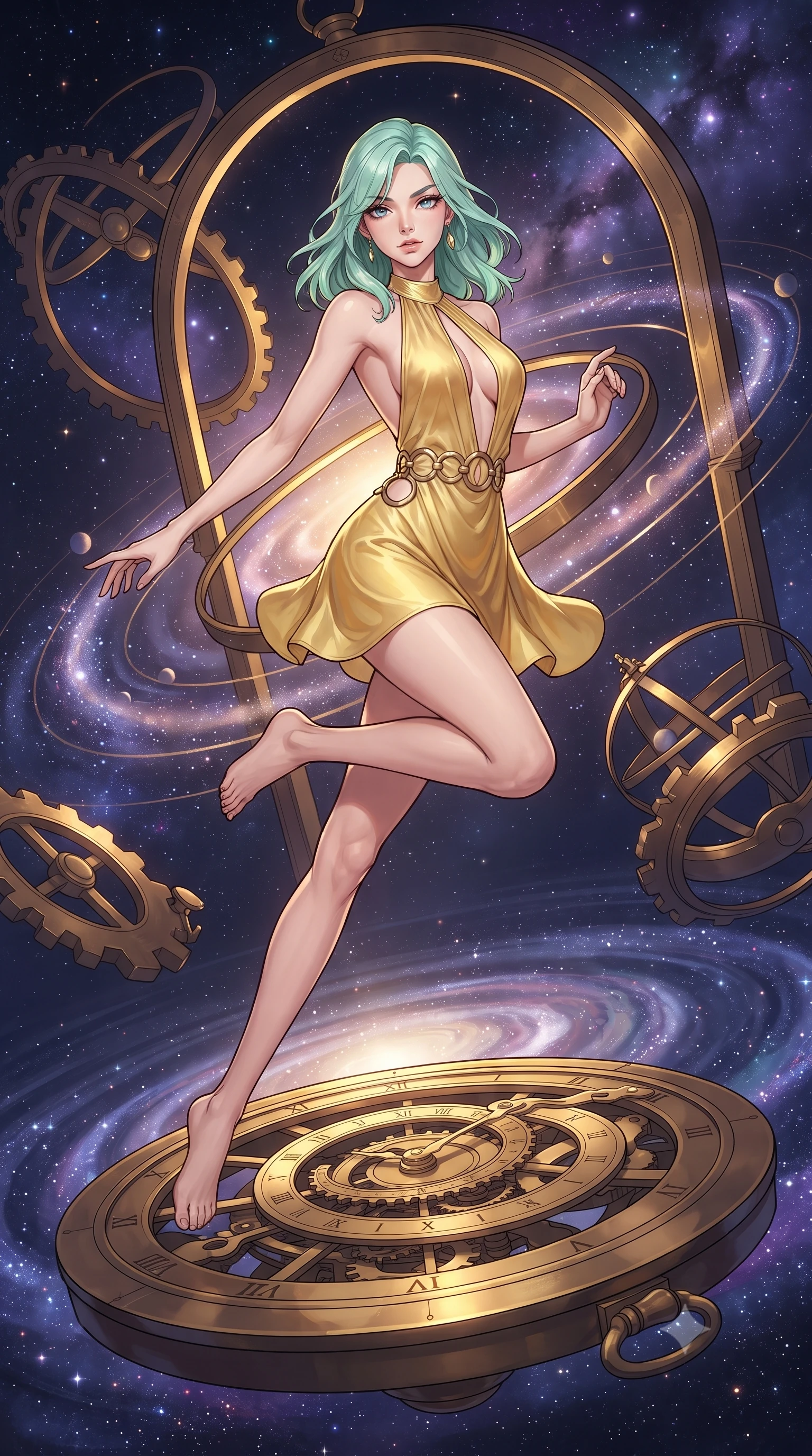 score_9, masterpiece, best quality, ultra-detailed, high-budget anime keyframe, gorgeous anime illustration, with clean line-art and distinct ink outlines, Japanese woman. low angle full-body shot from head to toe showing her feet, filling the entire 9:16 vertical frame with her statuesque presence, stretching her vertical silhouette. leaping gracefully through standing on a floating brass clockwork astrolabe high above a sea of stars, giant rotating gear rings and armillary spheres tracing planetary orbits, glowing cosmic dust swirling through open bronze arches. She has a statuesque 8.5-heads proportion, an exceptionally tall, slender and willowy model-like build with impossibly long legs and a highly sculpted ultra-slim waist. sharp v-shaped jawline, high-bridge nose, intricate jewel-like eyes with depth, thick eyelashes, glossy lips with a natural sheen. wearing a backless halter mini dress in liquid yellow gold, featuring a plunging front cutout and gold waist rings. warm golden glow from the brass mechanisms colliding with cold cosmic violet starlight from the surrounding nebula. 2k, ultra detail, master piece, 9:16 ratio, vibrant anime color palette, detailed cel-shading with soft gradients, rich contrast, dynamic lighting, 2d animation style