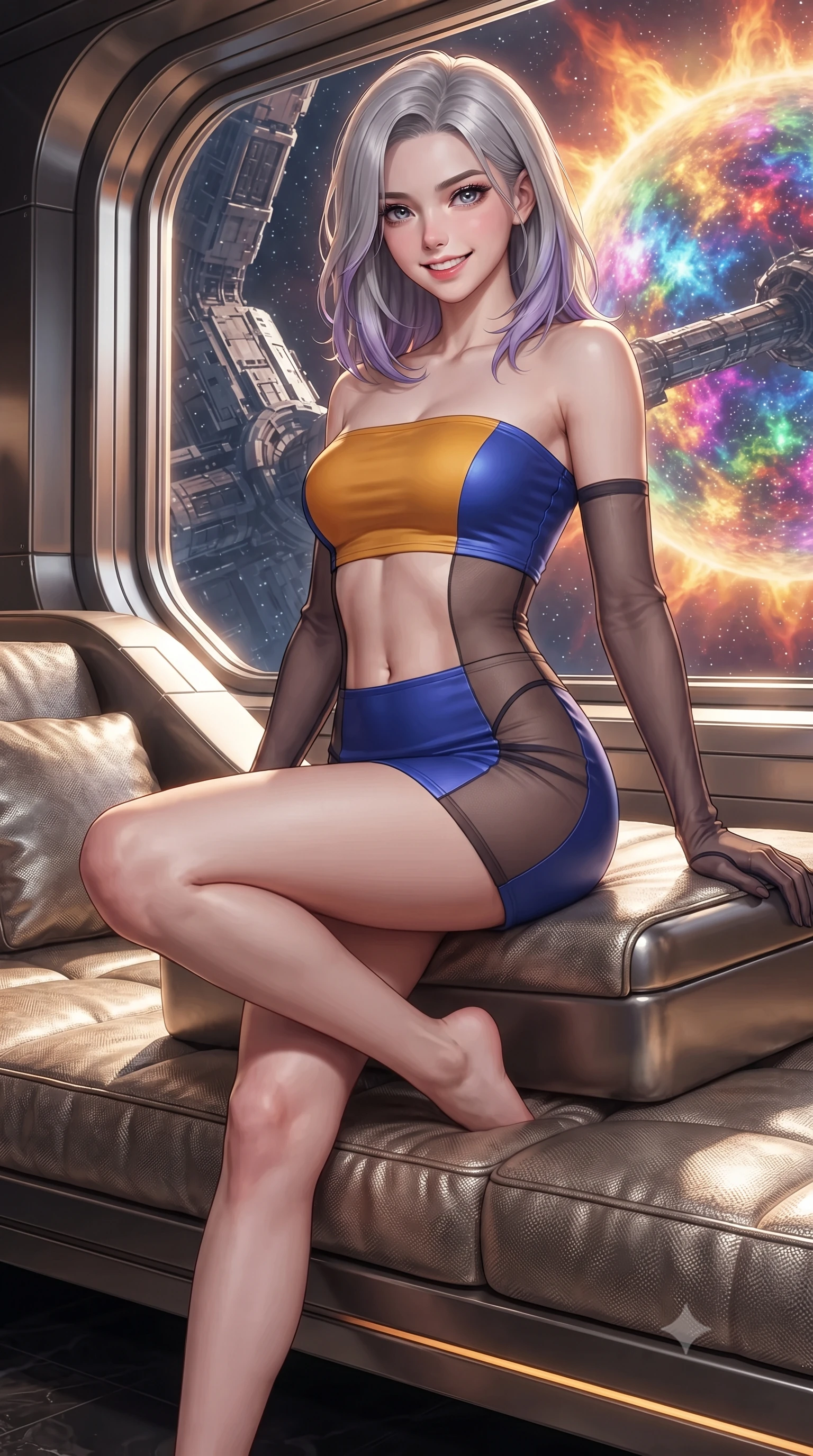 score_9, masterpiece, best quality, ultra-detailed, high-budget anime keyframe, editorial fashion photography, tasteful artistic composition, Caucasian woman. close-up cowboy shot from the waist and thighs up, the character dominates the composition, filling the frame with her large presence. perched sideways on the lounge seat, one knee drawn up to showcase her slender leg line while her arched back accentuates her feminine hip curve while standing poised beside the mammoth panoramic megastructure window overlooking a blazing stellar corona, arching her lower back with god-like siren grace. The surrounding environment is rendered in vivid detail and crisp panoramic clarity: detailed haute-couture texture, sleek metallic sheen, and colossal deep-space engineering in razor-sharp precision. She has an exceptionally elegant, slender, and willowy female figure with an ultra-slim waist, flat toned midriff, narrow ribcage, and sculpted feminine hips creating an alluring, slim hourglass silhouette without bulk. sharp v-shaped jawline, high-bridge nose, intricate jewel-like sparkling eyes with depth, thick eyelashes, glossy parted lips with a natural peach sheen, bright cheerful beaming smile with an enchanting and coquettish sensual glint, exuding both youthful cute charm and seductive allure, flawlessly proportioned anatomical accuracy, strict slender model proportions, natural body alignment, perfectly sculpted long slender limbs, ultra-slim waistline, clean dynamic posture without body distortion. wearing an ultra-cropped tech-wear bandeau top paired with a micro mini skirt revealing her flat toned midriff in Jovian amber and electric storm cobalt, featuring strategic sheer-illusion tulle side panels framing her ribcage and hips, complemented by sheer opera-length evening gloves tracing her slender arms, the form-contouring silhouette accentuating her sculpted flat midriff, narrow delicate ribcage, and gracefully curvy hips with intoxicating allure. illuminated by floor panel reflection bounce and intense solar-gold rim lights defining her razor-sharp jawline, narrow waist, and curvy hips. ultra-reflective glossy finish, specular highlights, rich textural contrasts, high-contrast stereoscopic depth, volumetric dynamic lighting, 2k, ultra detail, master piece, 9:16 ratio