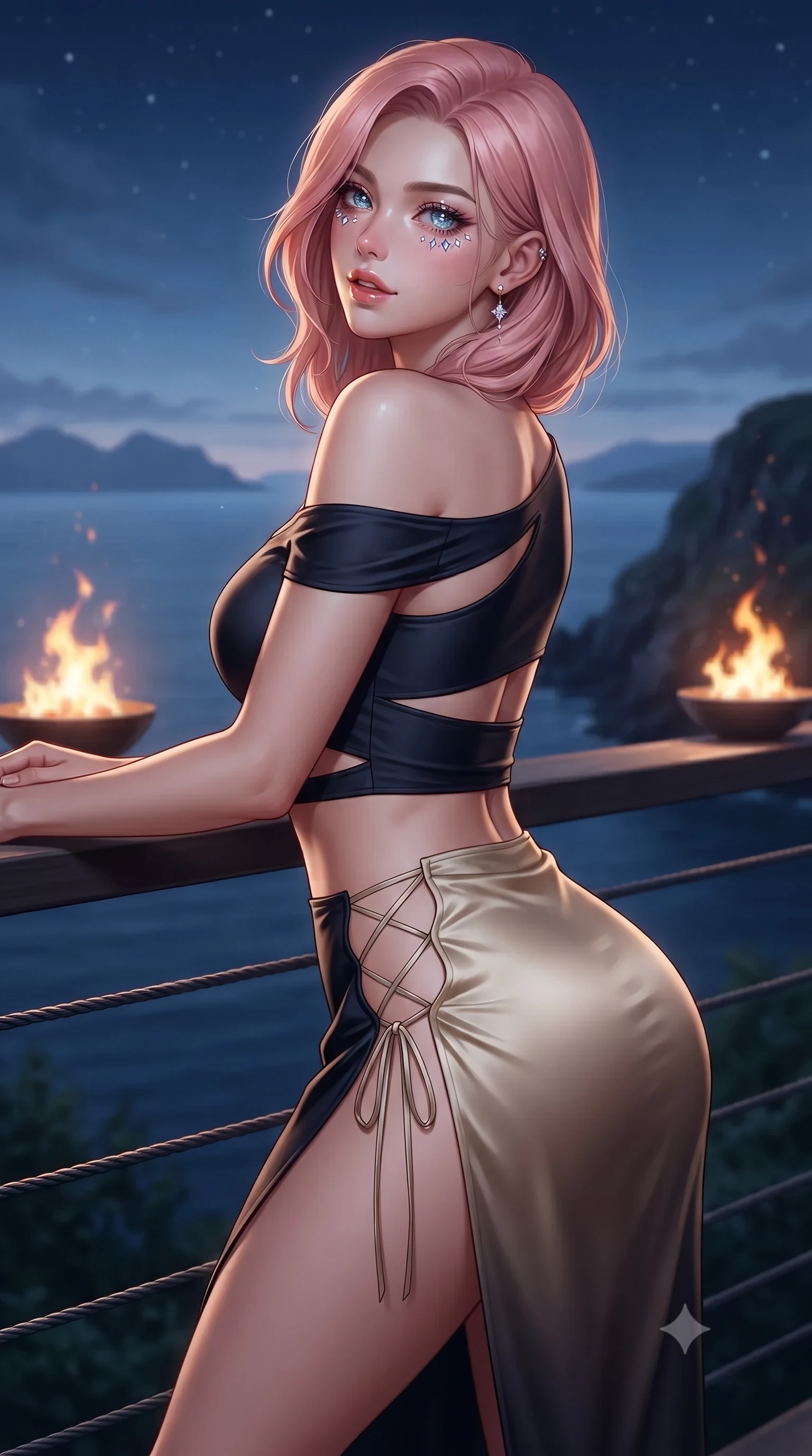 score_9, masterpiece, best quality, ultra-detailed, high-budget anime keyframe, editorial fashion photography, tasteful artistic composition, Japanese woman. close-up cowboy shot from the waist and thighs up, the character dominates the composition, filling the frame with her large presence. posing in an alluring rear three-quarter angle, looking over a bare shoulder with parted glossy lips, her hips cocked back to highlight her slim hourglass curve while leaning against the nautical cable balustrade with hips cocked back, looking out across the Minch strait toward the Outer Hebrides with heavy-lidded bedroom-eyes. The background shows a soft-focus dancing fire bowl flames softened in avant-garde Hebridean cliffside sanctuary shallow focus. She has an exceptionally elegant, slender, and willowy female figure with an ultra-slim waist, flat toned midriff, narrow ribcage, and sculpted feminine hips creating an alluring, slim hourglass silhouette without bulk. sharp v-shaped jawline, high-bridge nose, intricate jewel-like sparkling eyes with depth, thick eyelashes, glossy parted lips with a natural peach sheen, bright cheerful beaming smile with an enchanting and coquettish sensual glint, exuding both youthful cute charm and seductive allure, flawlessly proportioned anatomical accuracy, strict slender model proportions, natural body alignment, perfectly sculpted long slender limbs, ultra-slim waistline, clean dynamic posture without body distortion. wearing an alluring off-the-shoulder crop top with asymmetrical side-torso cutouts and a high-slit wrap skirt in deep midnight obsidian black and champagne gold, crafted from fluid liquid silk satin that clings smoothly to her narrow waist and rounded hips with a dewy sheen, featuring fine criss-cross lace-up side ties revealing tantalizing glimpses of her hip curve, the glove-like clinging cut tightly following the natural contour of her hips and long slender legs with youthful 8.5-heads elegance. illuminated by deck wood reflection bounce and sharp starlight-platinum rim lights defining her razor-sharp jawline, narrow waist, and curvy hips. ultra-reflective glossy finish, specular highlights, rich textural contrasts, high-contrast stereoscopic depth, volumetric dynamic lighting, 2k, ultra detail, master piece, 9:16 ratio