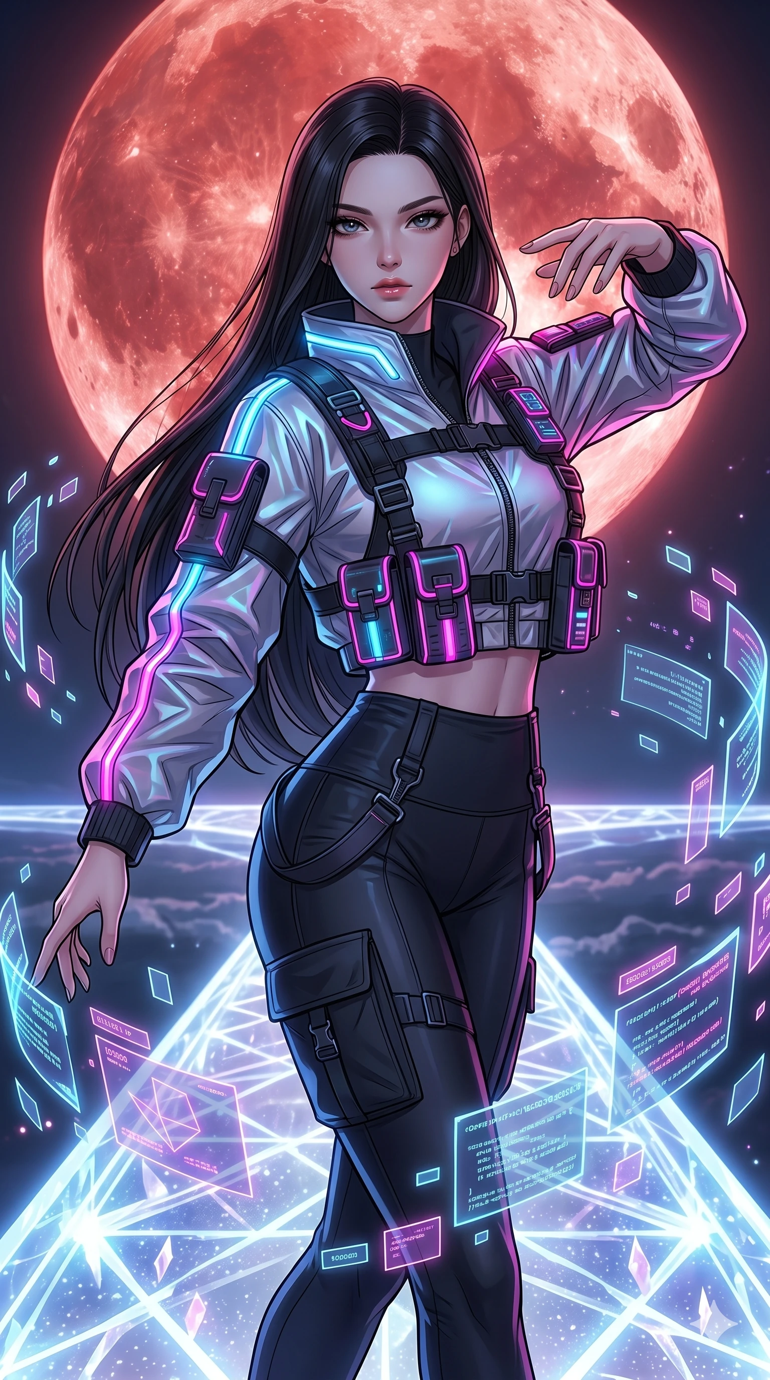score_9, masterpiece, best quality, ultra-detailed, high-budget anime movie keyframe, cinematic anime lighting, intricate line art, Caucasian (strictly human ears) woman. Medium shot of upper body capturing the intricate details of her high-fashion attire. dancing with data-shards in a celestial bridge made of light under a blood moon. She has an absolutely perfect 8-heads proportion, an exceptionally tall and slender female figure with an ultra-slim waist and impossibly long slender legs. sharp v-shaped jawline, high-bridge nose, intricate jewel-like eyes, thick eyelashes, glossy lips. Wearing modern urban tech-wear ensemble with a cropped reflective bomber jacket, ultra-slim high-waisted cargo leggings, and tactical harness with neon-lit pouches. The scene is illuminated by dramatic atmospheric lighting and vibrant color palettes. , 2k, ultra detail, master piece, 9:16 ratio