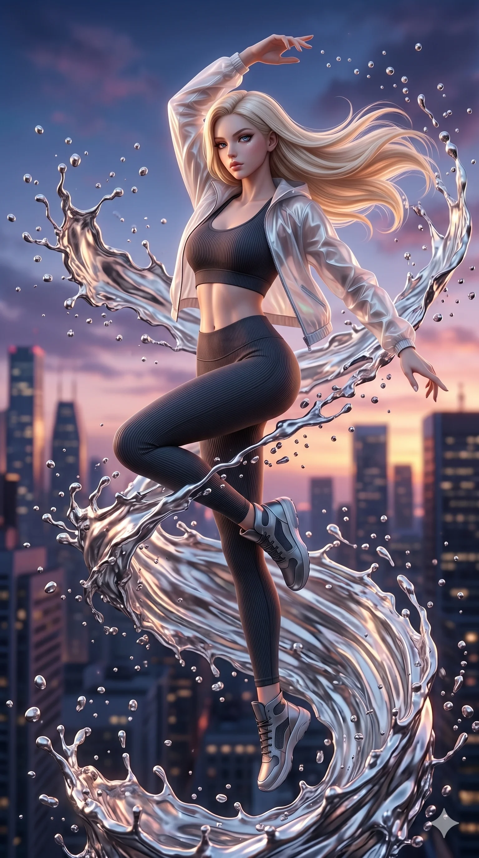 score_9, masterpiece, best quality, ultra-detailed, photorealistic 8k CG, hyper-detailed textures, ray-tracing, Korean woman. Mid-air action shot capturing a graceful twist and vertical silhouette. spinning in a fountain of liquid silver, droplets suspended in mid-air. She has an absolutely perfect 8-heads proportion, an exceptionally tall and slender female figure with an ultra-slim waist and impossibly long slender legs. strictly human anatomy, two legs only, no extra limbs, clearly defined legs and arms, perfect anatomy, perfect hands and fingers. sharp v-shaped jawline, high-bridge nose, intricate jewel-like eyes, thick eyelashes, glossy lips. Wearing Premium Athleisure: Ribbed sports bra and leggings set, sheer windbreaker, and sleek high-performance activewear. The scene is illuminated by dramatic atmospheric lighting and vibrant color palettes. , 2k, ultra detail, master piece, 9:16 ratio