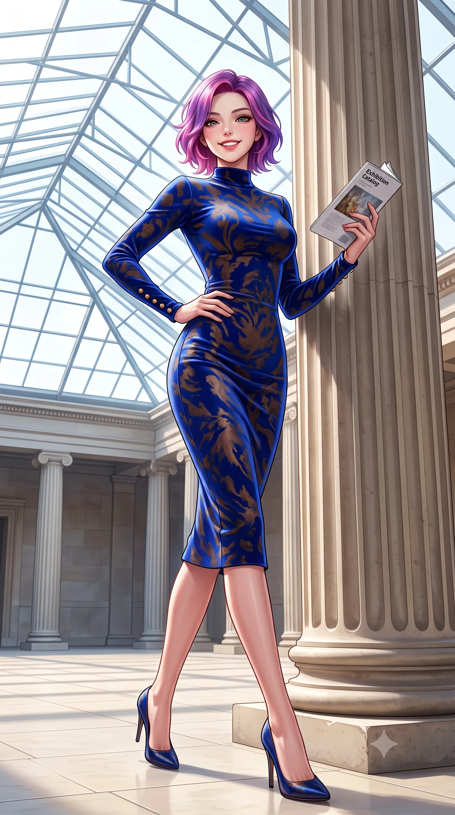 score_9, masterpiece, best quality, ultra-detailed, high-budget anime keyframe, semi-realistic 3D game render, editorial fashion photography, tasteful artistic composition, Caucasian woman. low angle full-body shot from head to toe showing her feet, filling the entire 9:16 vertical frame with her statuesque presence, stretching her vertical silhouette. walking briskly with tall supermodel strides, one hand placed on her narrow hip, her impossibly long slender legs commanding the frame while leaning lightly against the fluted Portland stone Corinthian column, one hand holding an exhibition catalog with refined poise. The surrounding environment is rendered in vivid detail and crisp panoramic clarity: sharp geometric steel strut joinery of glass ceiling, fluted column stone grooves, and smooth honed limestone paving joints in deep focus. She has an exceptionally tall and slender model-like 8.5-heads proportion, an ultra-slim waist, a flat toned midriff, narrow delicate ribcage, and beautifully sculpted feminine hips creating a graceful, slim hourglass silhouette without any bulky heaviness, with impossibly long slender legs. sharp v-shaped jawline, high-bridge nose, intricate jewel-like sparkling eyes with depth, thick eyelashes, glossy parted lips with a natural peach sheen, bright cheerful beaming smile with an enchanting and coquettish sensual glint, exuding both youthful cute charm and seductive allure, flawlessly proportioned anatomical accuracy, strict slender model proportions, natural body alignment, perfectly sculpted long slender limbs, ultra-slim waistline, clean dynamic posture without body distortion. wearing a sleek stretch velvet mock-neck bodycon midi dress with long sleeves contouring her willowy torso and hips in royal sapphire blue and antique brushed bronze, tailored from stretch wool crepe providing structured compression and razor-sharp bodycon lines, accented with delicate gold button studs trailing down the snug sleeve cuffs, the glove-like clinging cut tightly following the natural contour of her hips and long slender legs with youthful 8.5-heads elegance. bathed in voluminous pure white zenithal daylight filtering through the vast geometric glass skylight canopy. highly saturated vibrant anime colors, detailed shading with soft gradients, rich glossy textures, high-contrast stereoscopic depth, volumetric dynamic lighting, master piece, 9:16 ratio