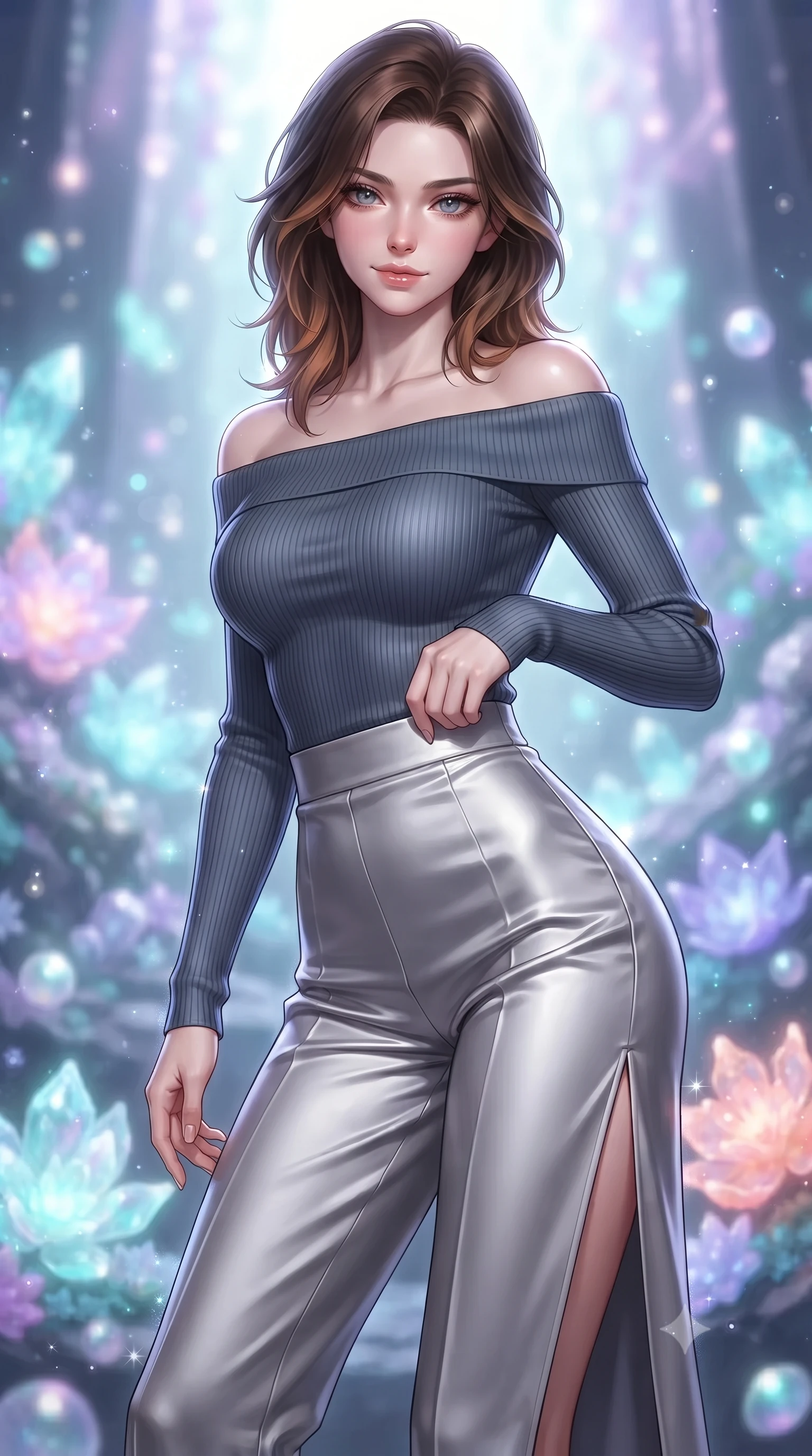 score_9, masterpiece, best quality, ultra-detailed, high-budget anime keyframe, editorial fashion photography, tasteful artistic composition, Korean woman. close-up cowboy shot from the waist and thighs up, the character dominates the composition, filling the frame with her large presence, background elements kept in soft focus. Leaning slightly forward with a composed, seductive gaze under soft glowing light standing beside a pearl archive sanctuary filled with glowing sea crystals, glowing coral blossoms emitting soft aqua and lavender light. She has an exceptionally elegant, slender, and willowy female figure with an ultra-slim waist, a gracefully sculpted slender torso, and a refined silhouette. sharp v-shaped jawline, high-bridge nose, intricate jewel-like eyes with depth, thick eyelashes, glossy lips with a natural sheen. wearing a sleek off-shoulder ribbed knit top paired with high-waist tailored pants in slate blue and metallic silver, crafted from lustrous satin jersey with fluid draping, finished with a sleek side slit ascending to mid-thigh, the form-contouring material highlighting her ultra-slim waist and long lines. surrounded by a shimmering ocean aura with bright pearl-white rim lights. ultra-reflective glossy finish, specular highlights, metallic sheen, high-contrast stereoscopic depth, volumetric dynamic lighting, 2k, ultra detail, master piece, 9:16 ratio
